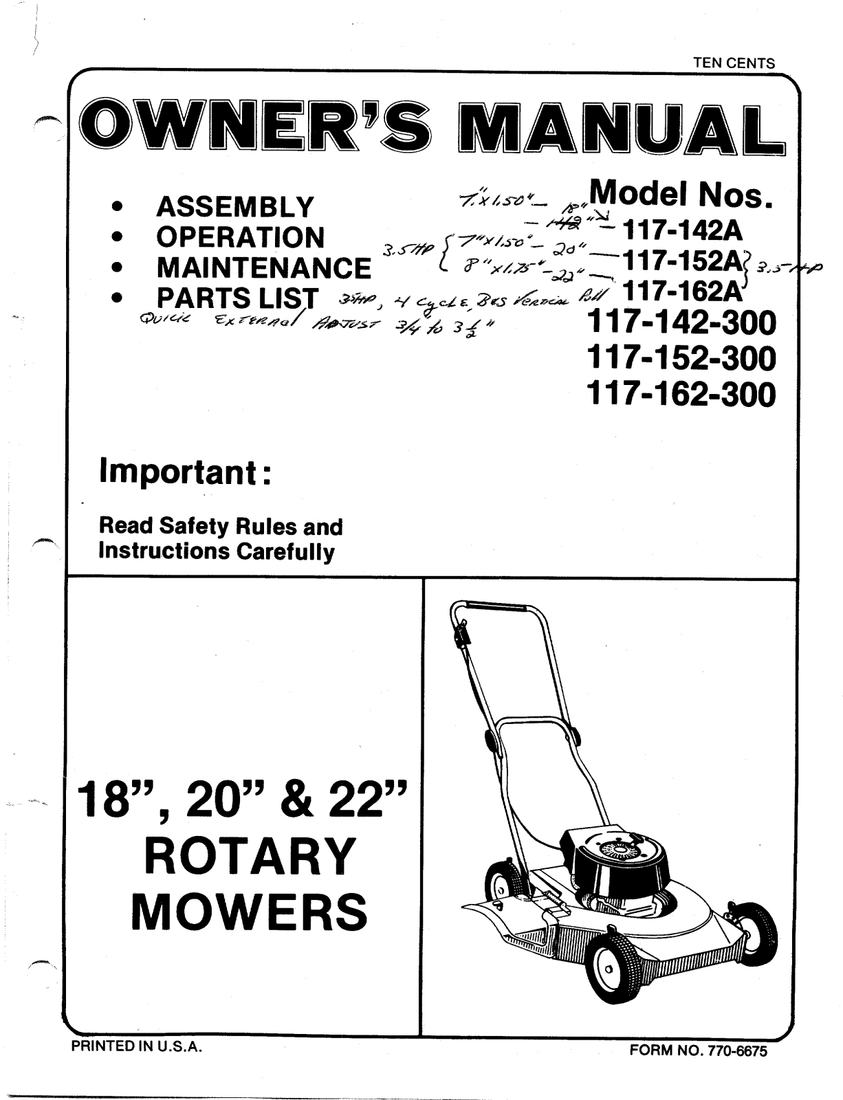 MTD 117-142A, 117-142-300, 117-162-300, 117-152A, 117-152-300 User Manual