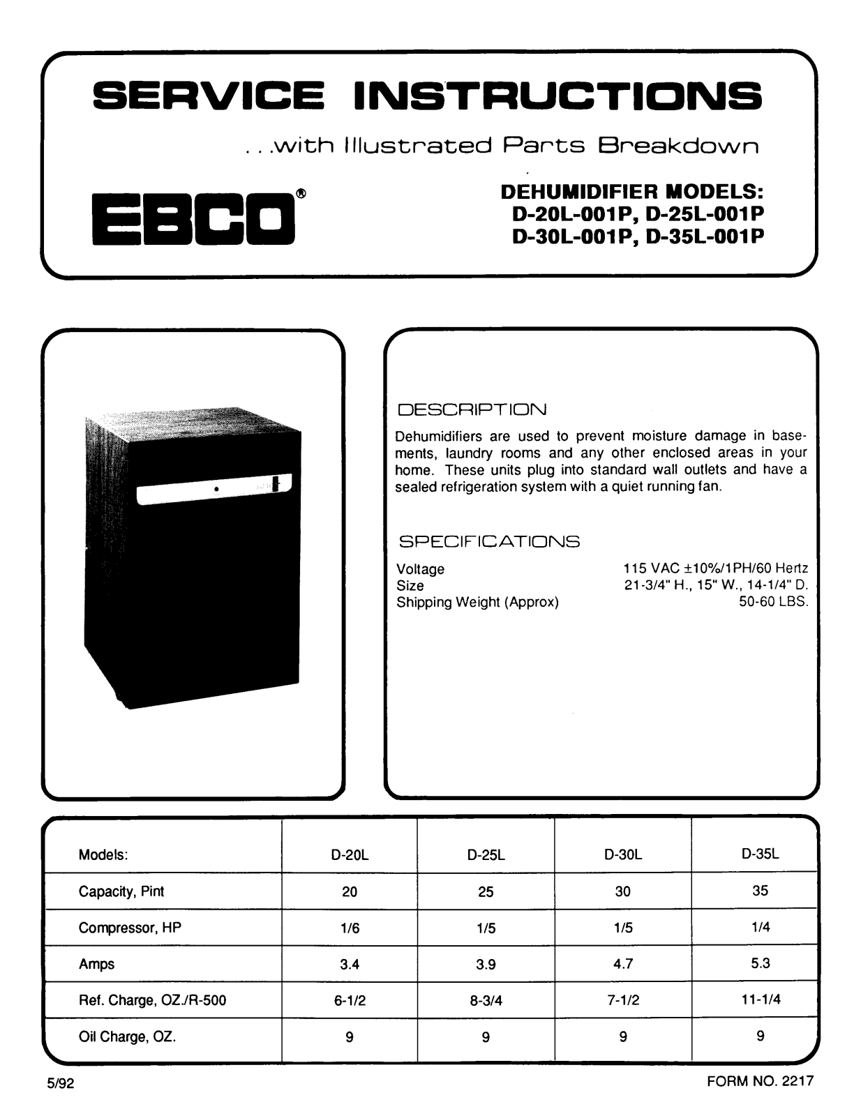 EBCO D-20L-001P, D-25L-001P, D-30L-001P, D-35L-001P Service Instructions Manual