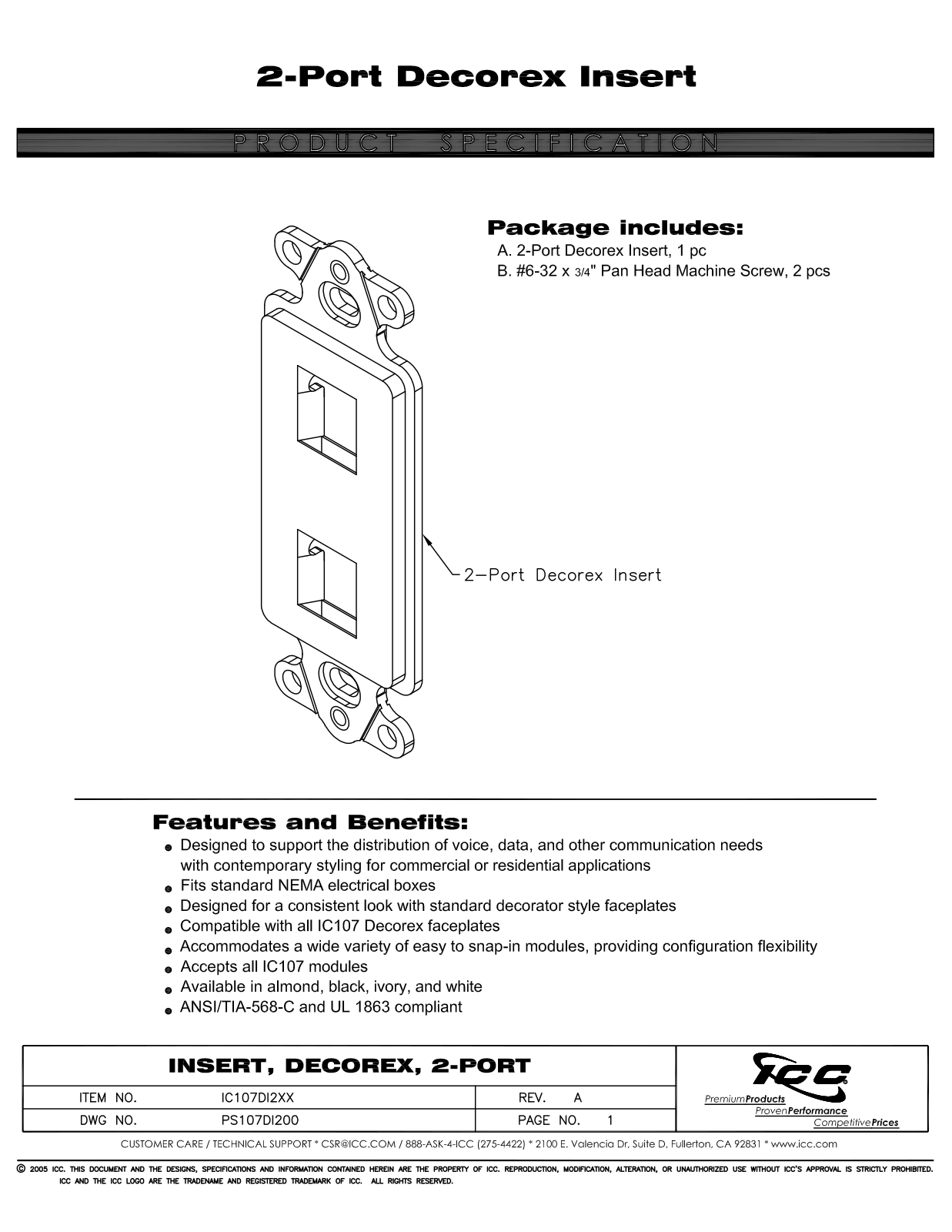 ICC IC107DI2AL, IC107DI2BK, IC107DI2IV, IC107DI2WH Specsheet