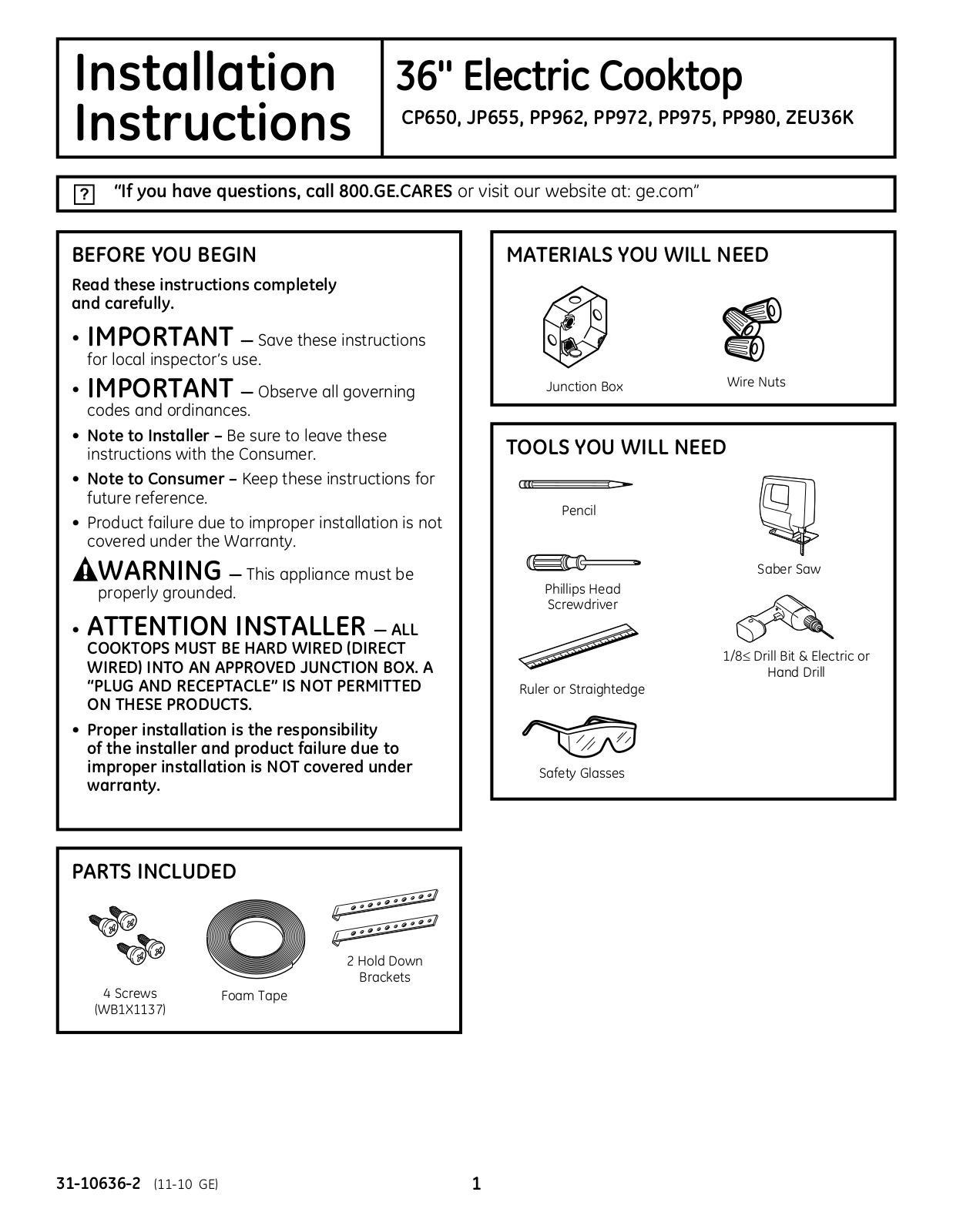 GE CP650, JP655, PP962, PP972, PP975 Installation Instructions