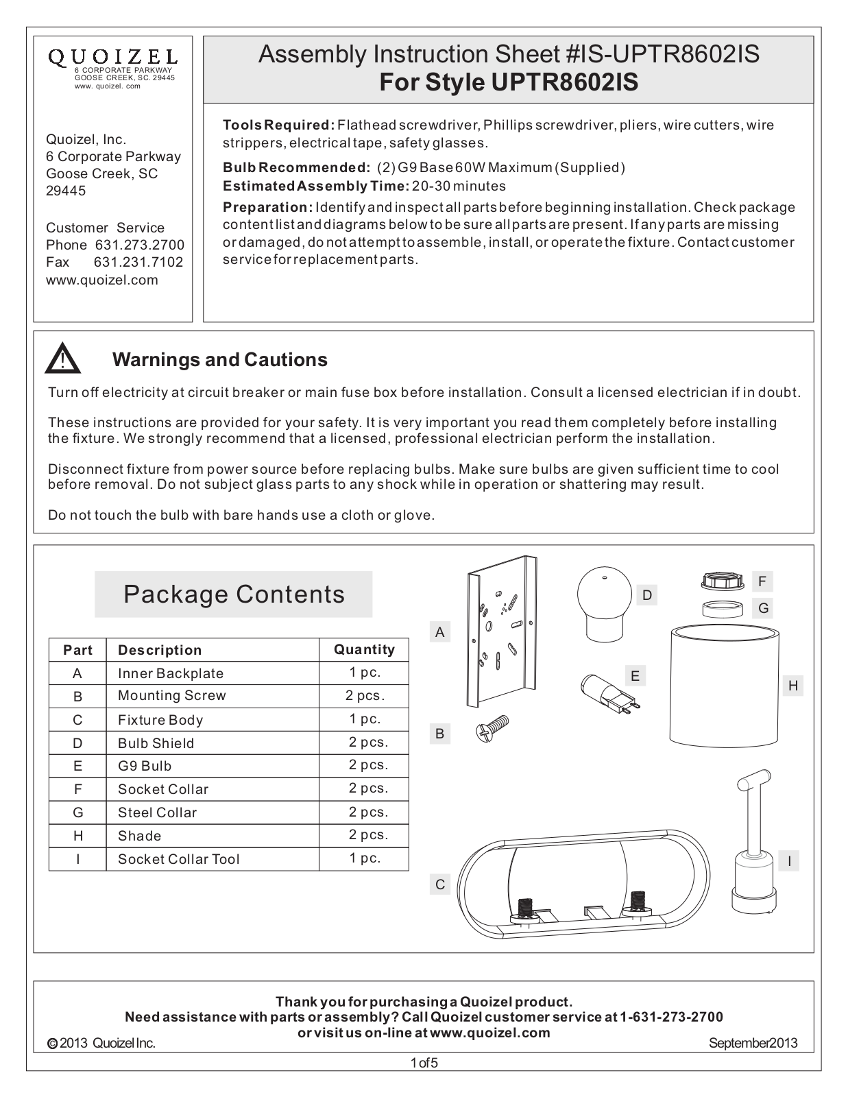 Quoizel UPTR8602IS User Manual