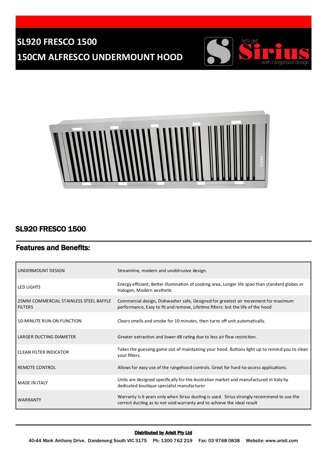 Sirius SL920FRESCO1500P Specifications Sheet