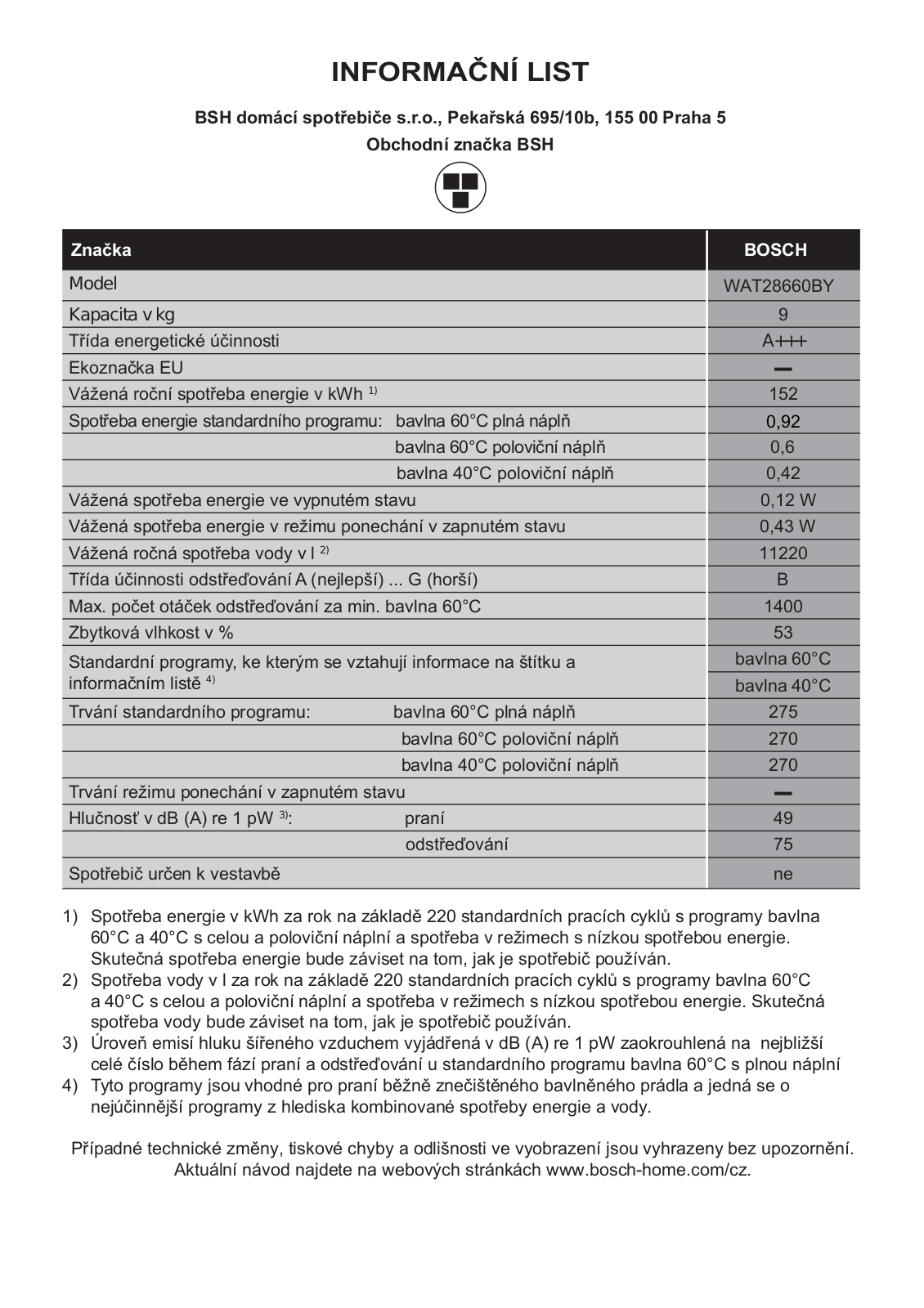 Bosch WAT28660BY Information sheet