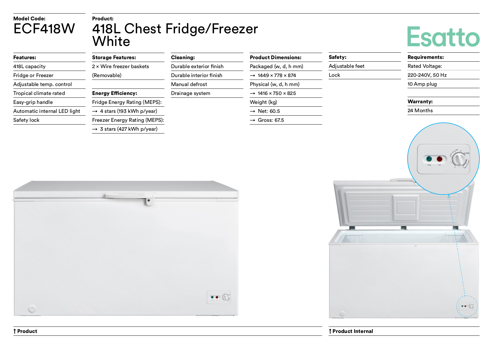 Esatto ECF418W Specifications Sheet