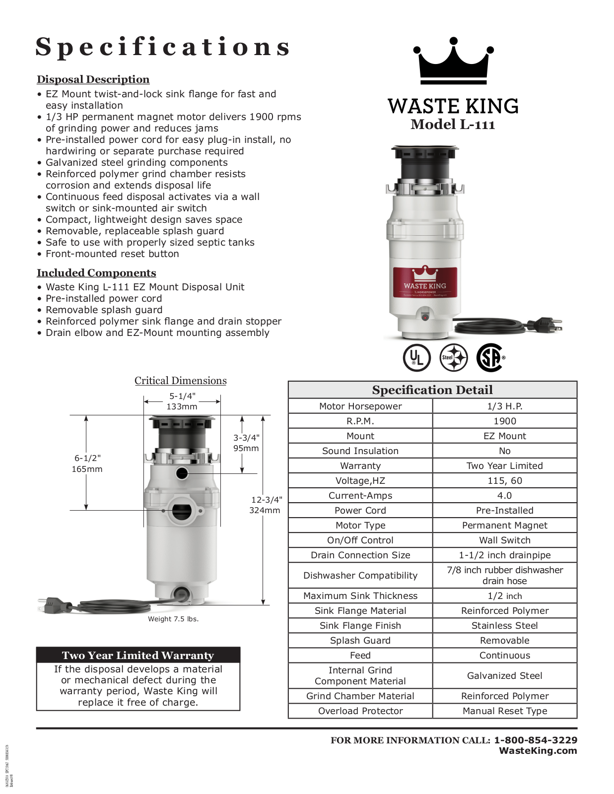 Waste King L111 Specifications