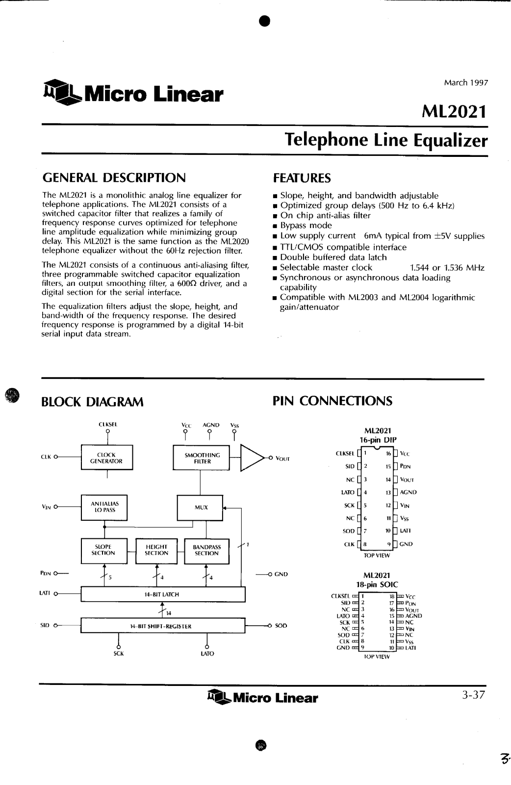 Micro Linear Corporation ML2021IS, ML2021CP, ML2021CS, ML2021IP Datasheet