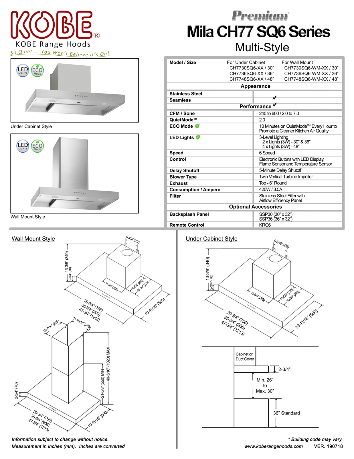 Kobe CH7730SQ6XX, CH7736SQ6WMXX, CH7736SQ6XX, CH7730SQ6WMXX, CH7748SQ6XX PRODUCT SPECIFICATIONS