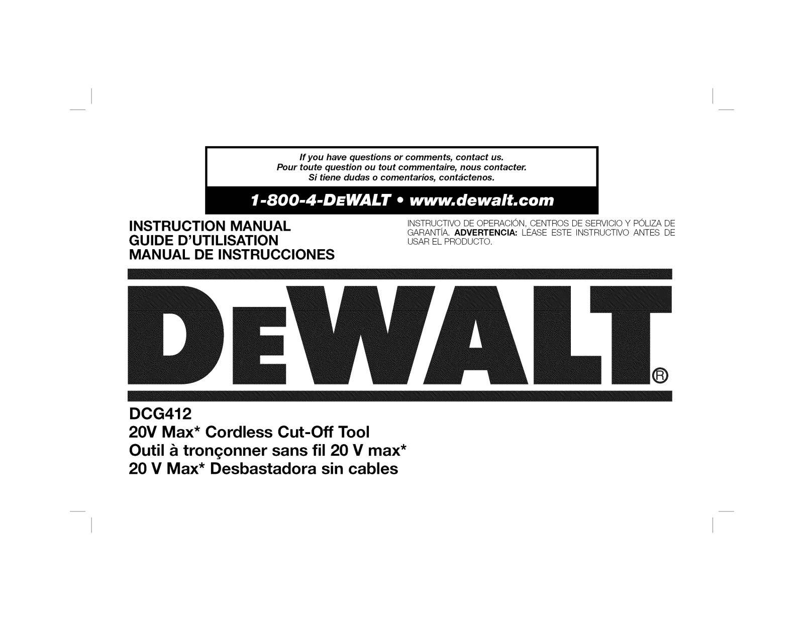 DeWalt DCG412L2 TYPE 1, DCG412B TYPE 1 Owner’s Manual