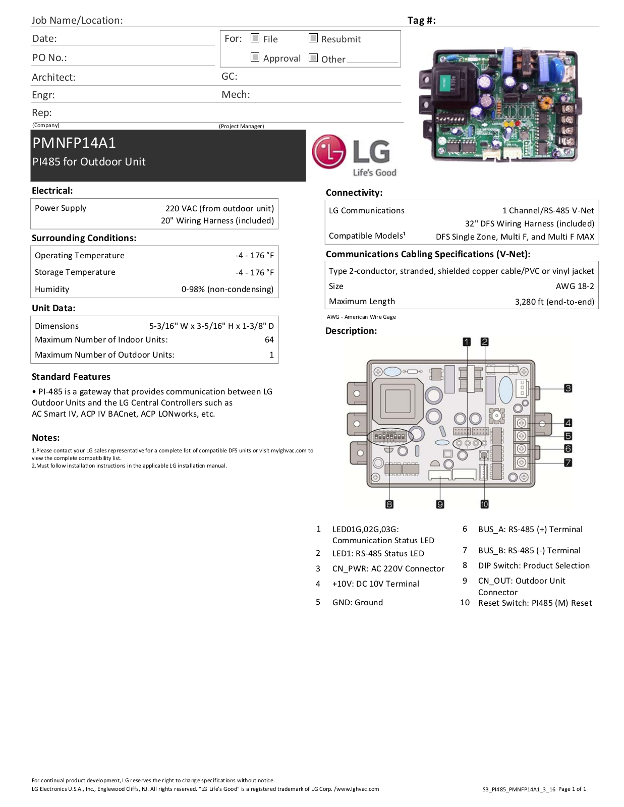 LG PMNFP14A1 Specs