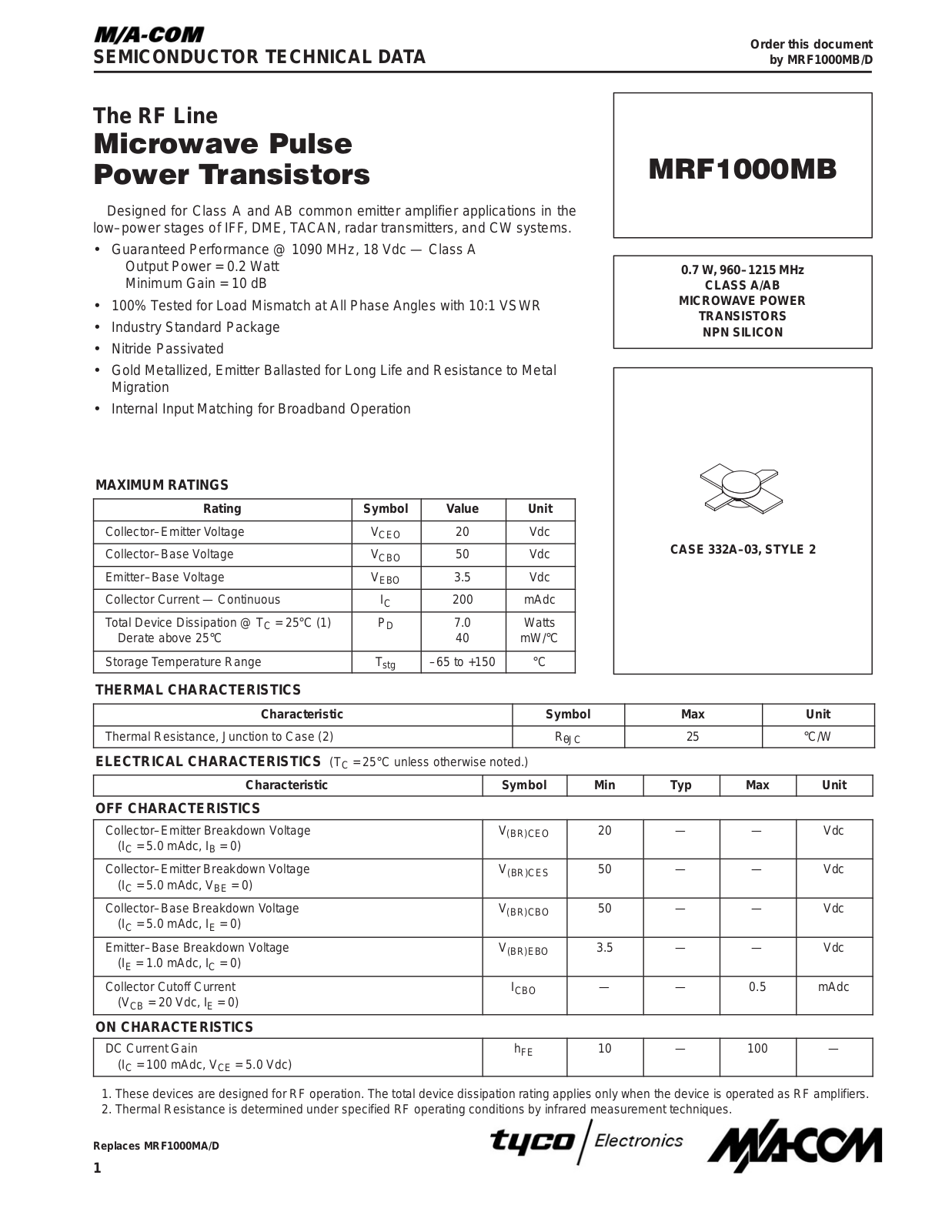 M A COM MRF1000MB Datasheet