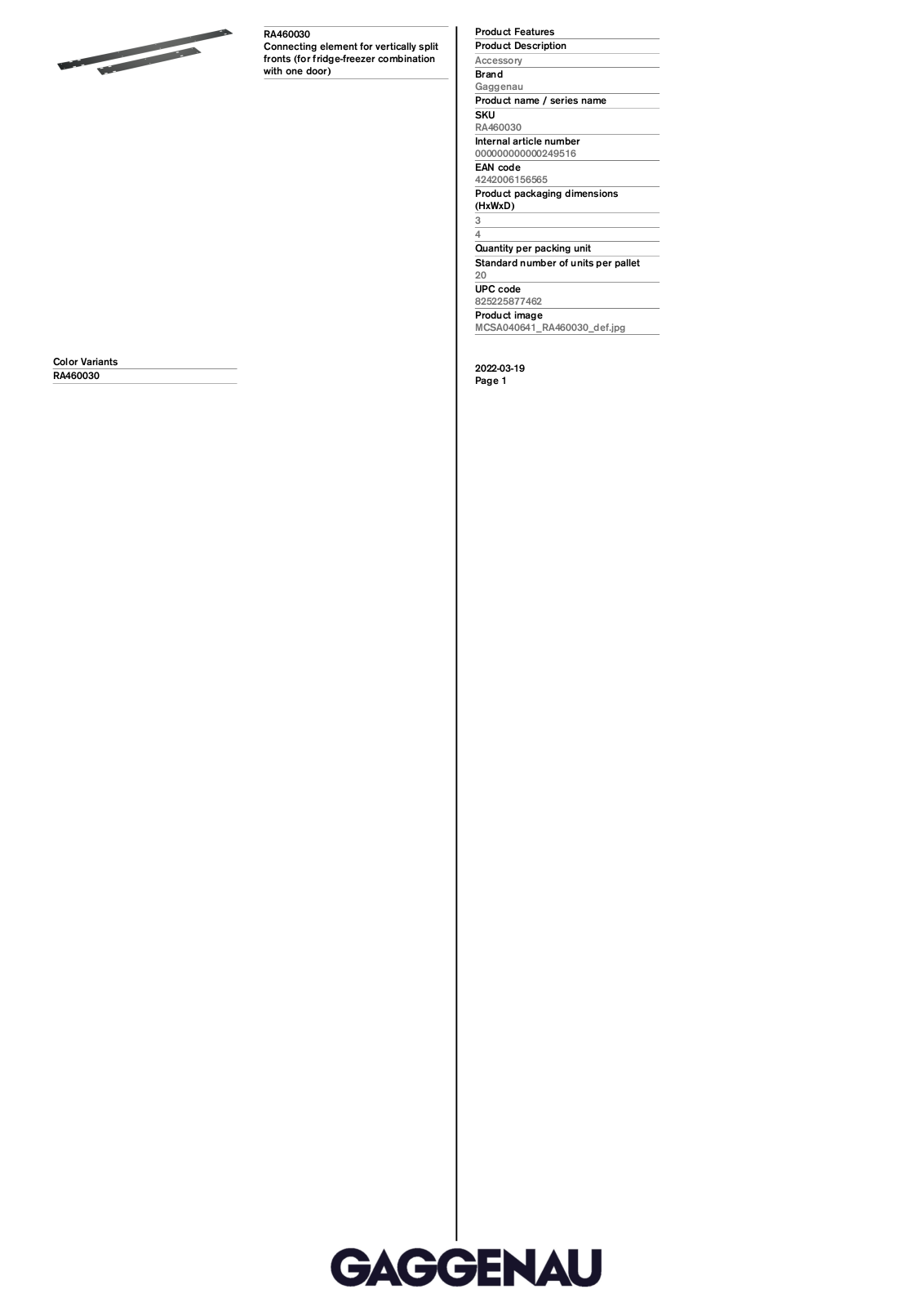 Gaggenau RA460030 Product specification sheet