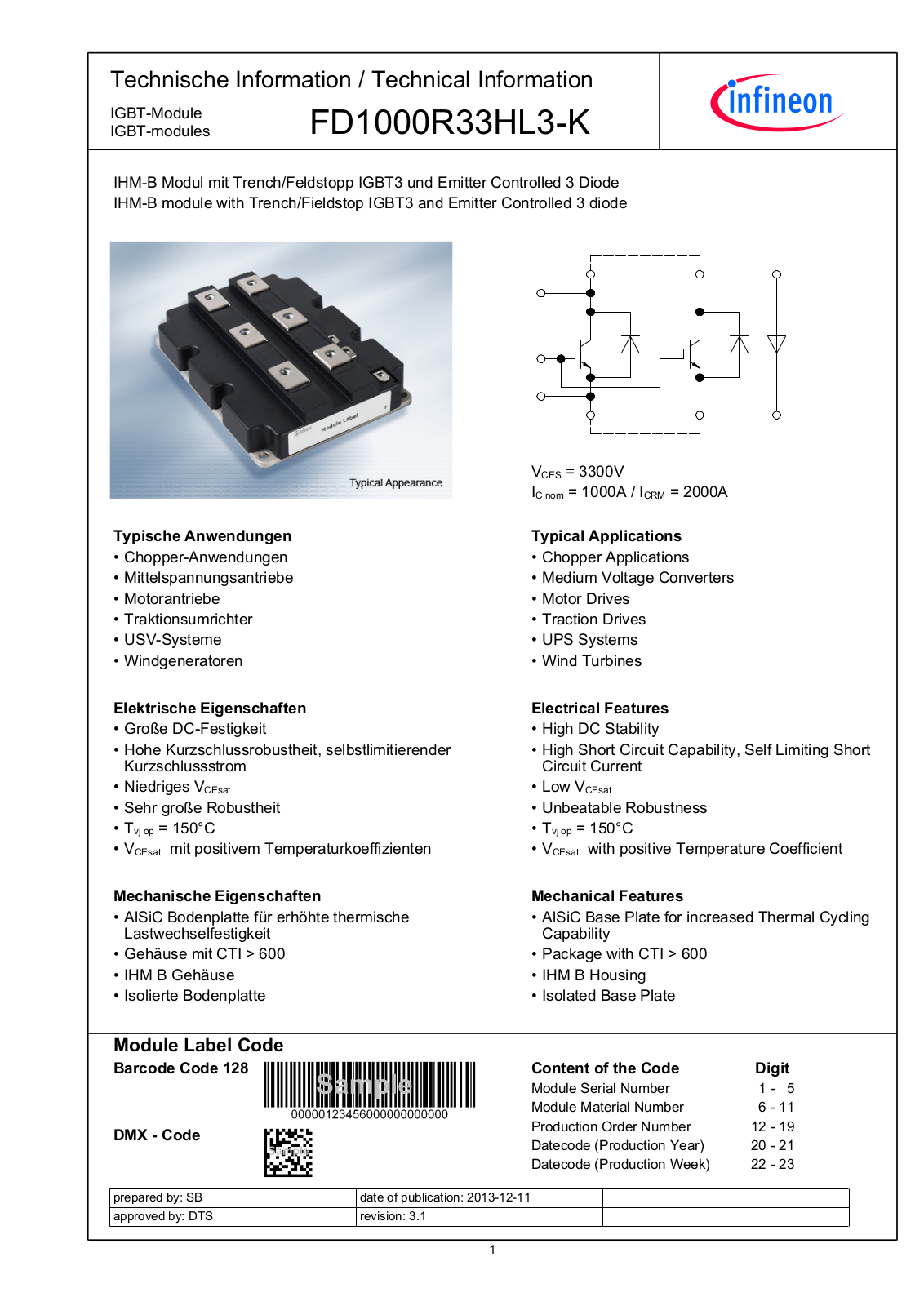 Infineon FD1000R33HL3-K Data Sheet