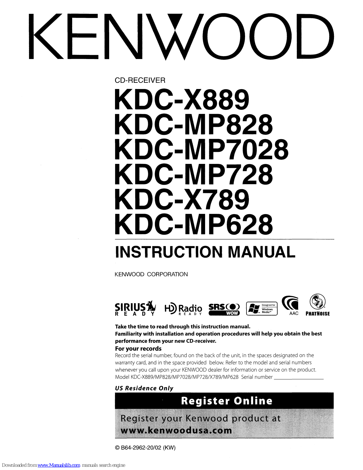 Kenwood kcd-x889, kcd-mp828, kcd-mp628, kcd-mp7028, kcd-728 Instruction Manual