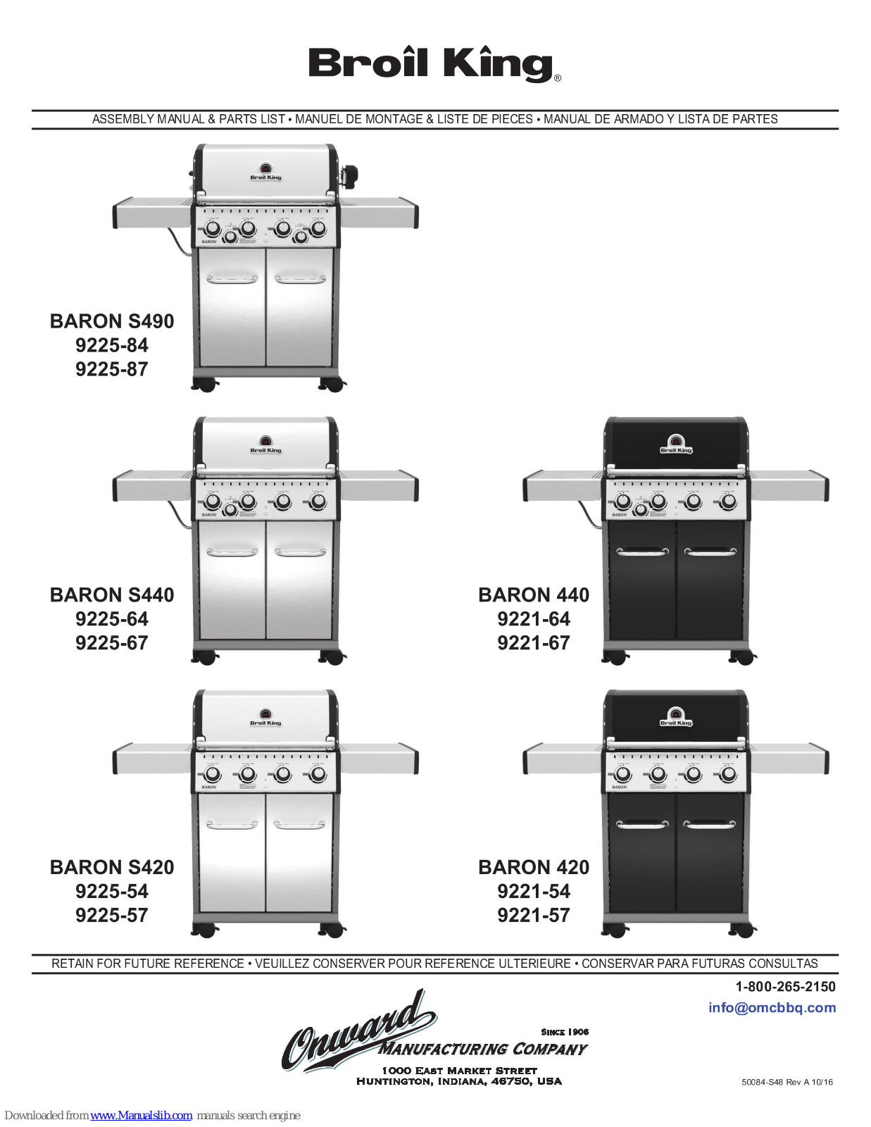 Broil King Baron S490, Baron S440, Baron 440, Baron S420, Baron 420 Assembly Manual & Parts List