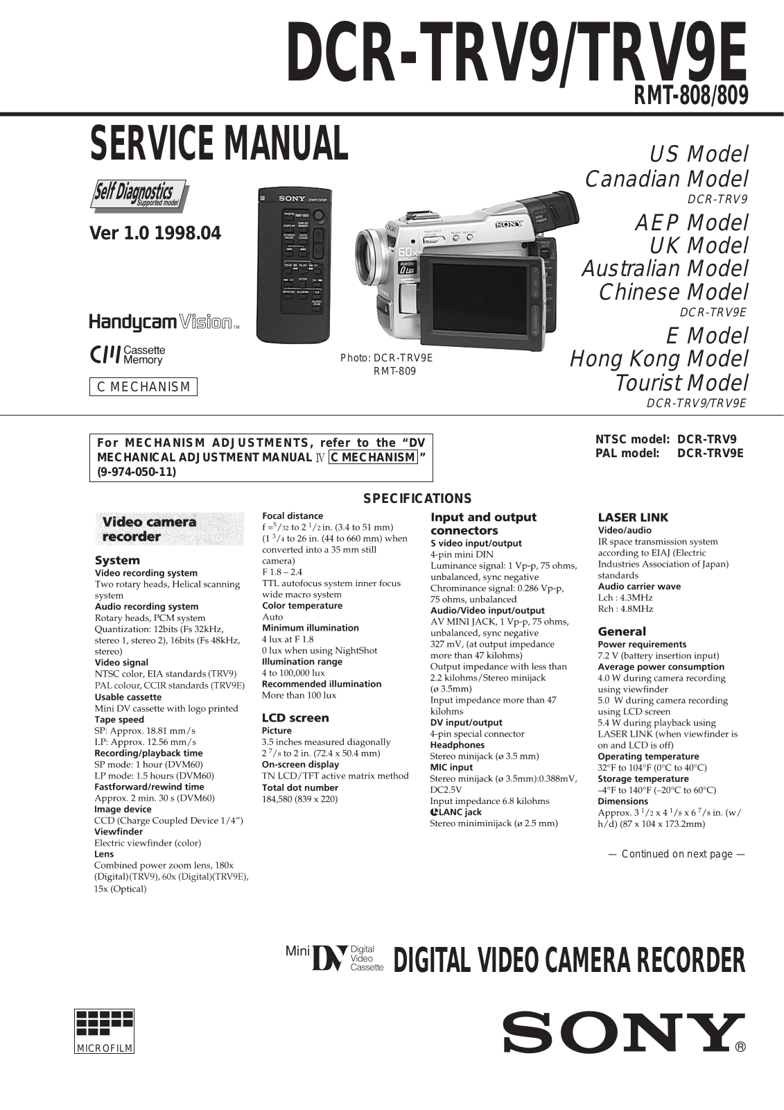 Sony RMT-809, RMT-808, DCR-TRV9E, DCR-TRV9 Service Manual