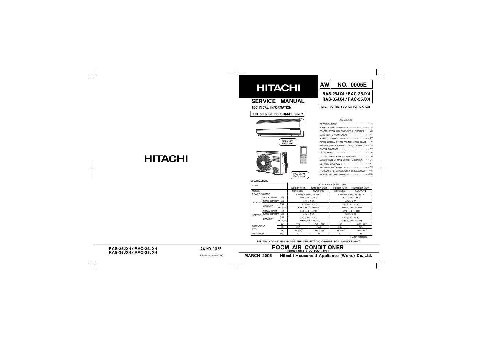 Hitachi RAS-25JX4, RAC-25JX4, RAS-35JX4, RAC-35JX4 Service Manual