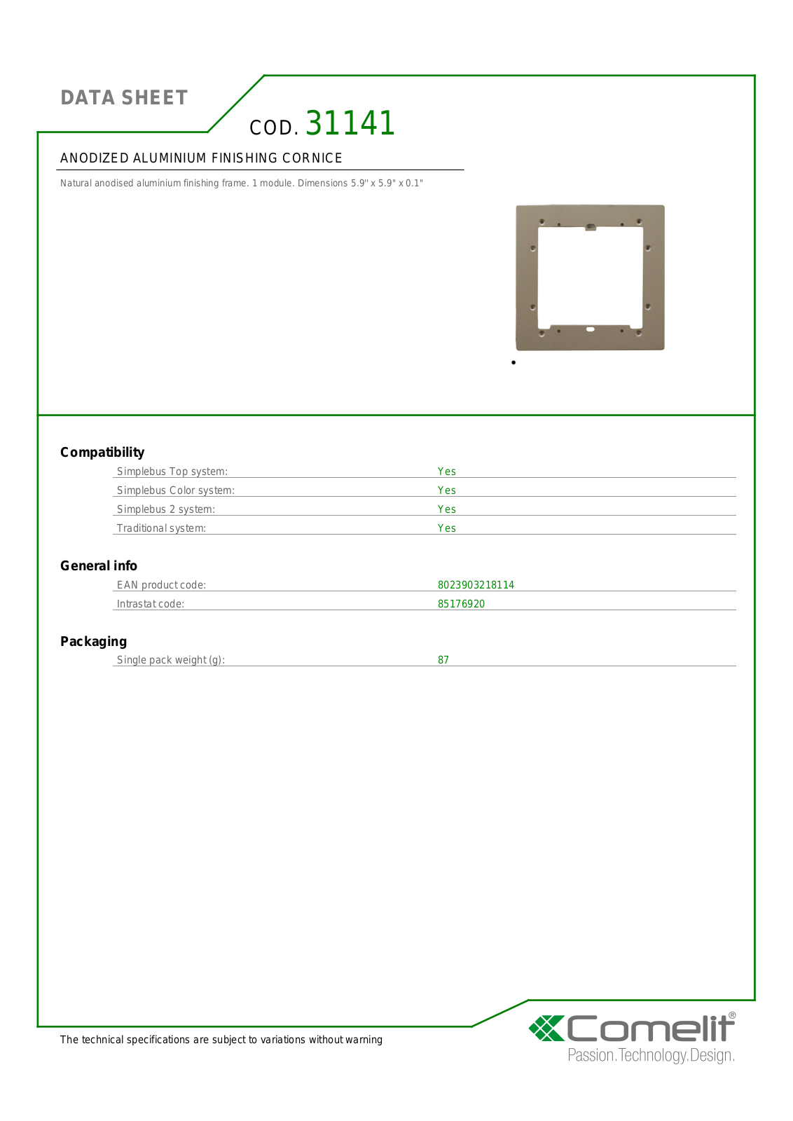 Comelit 31141 Specsheet