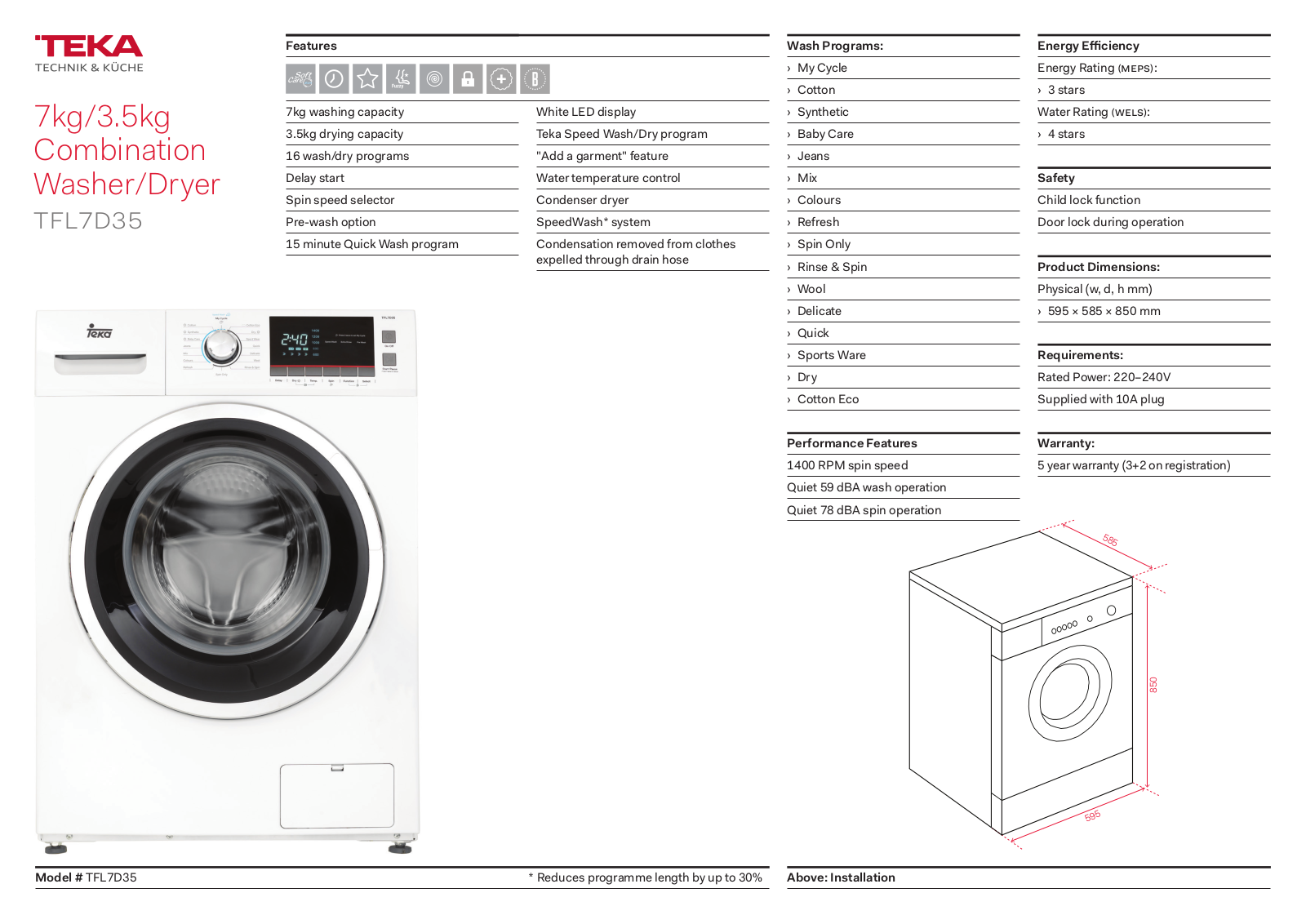 Teka TFL7D35 Specifications Sheet