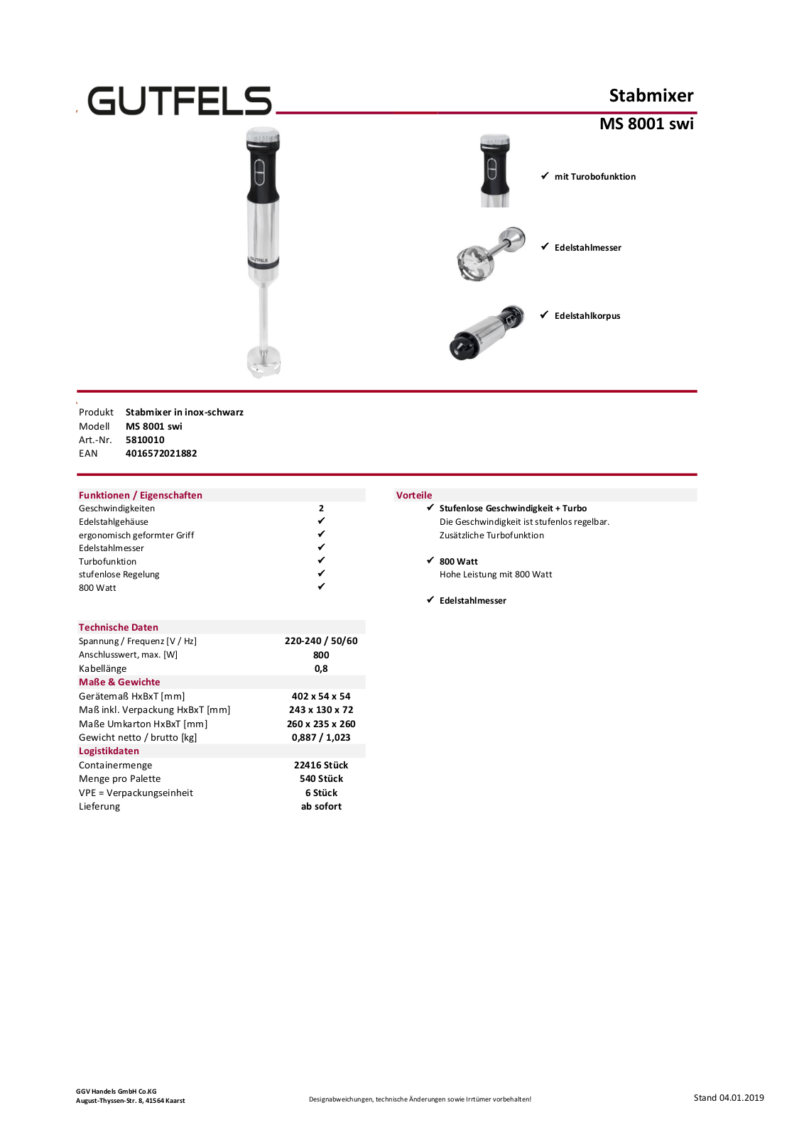 Gutfels MS 8001 swi Technical data