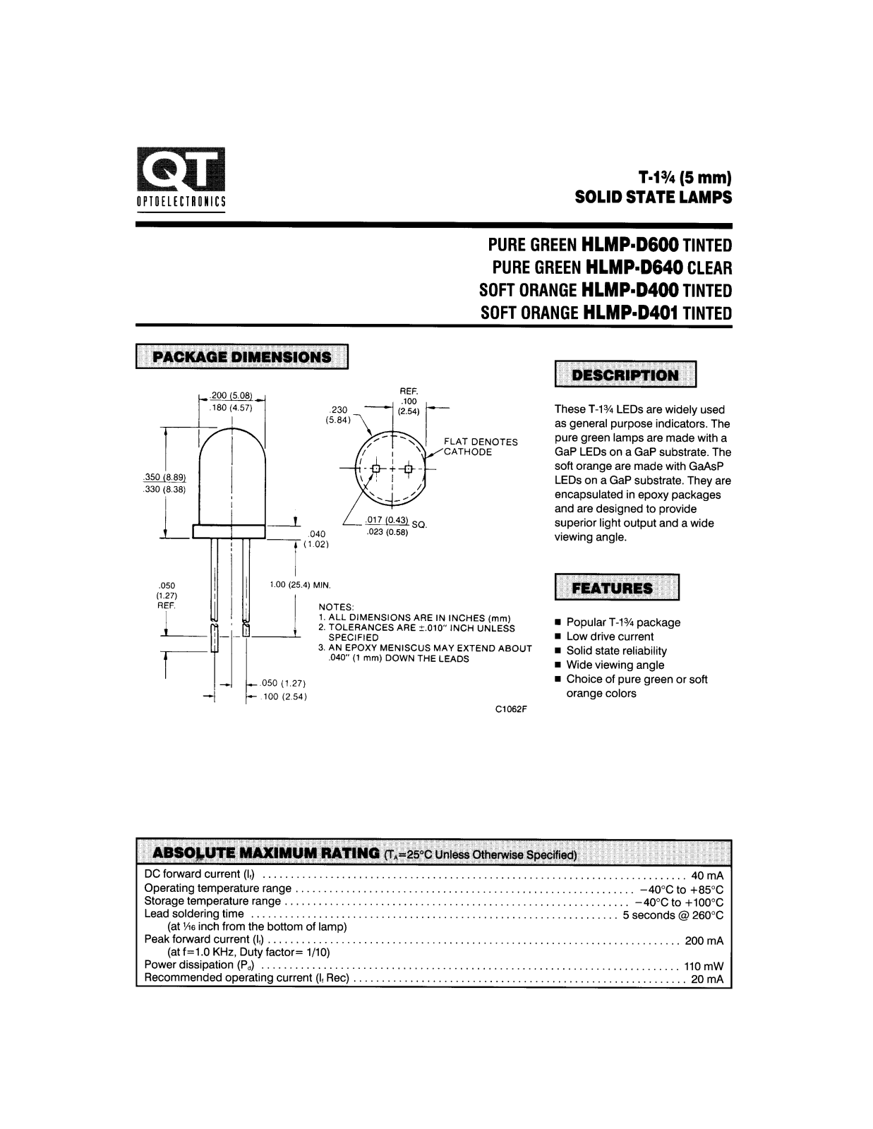 QT HLMP-D401, HLMP-D600, HLMP-D640, HLMP-D400 Datasheet