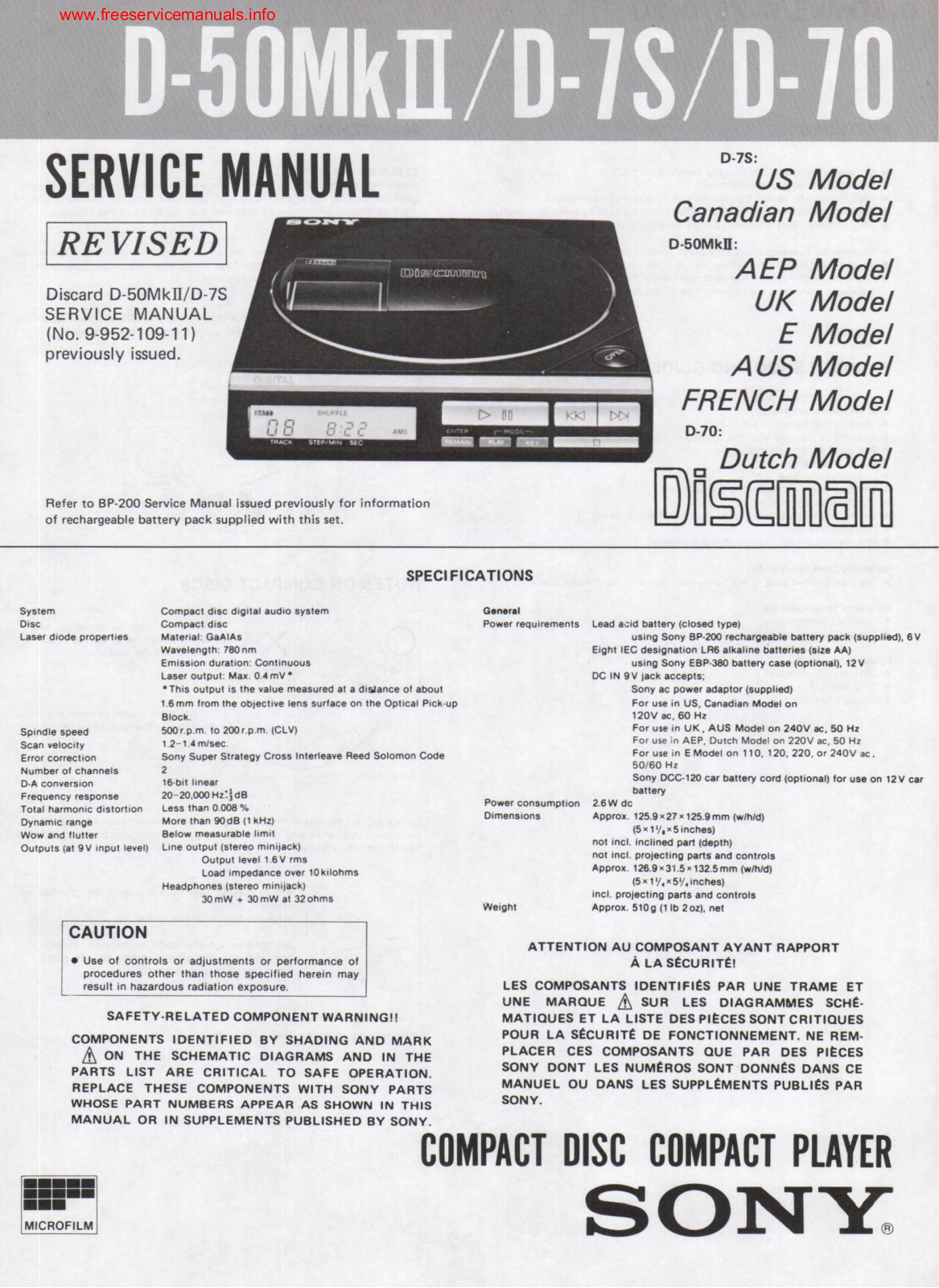 Sony D-70, D-7S Service Manual