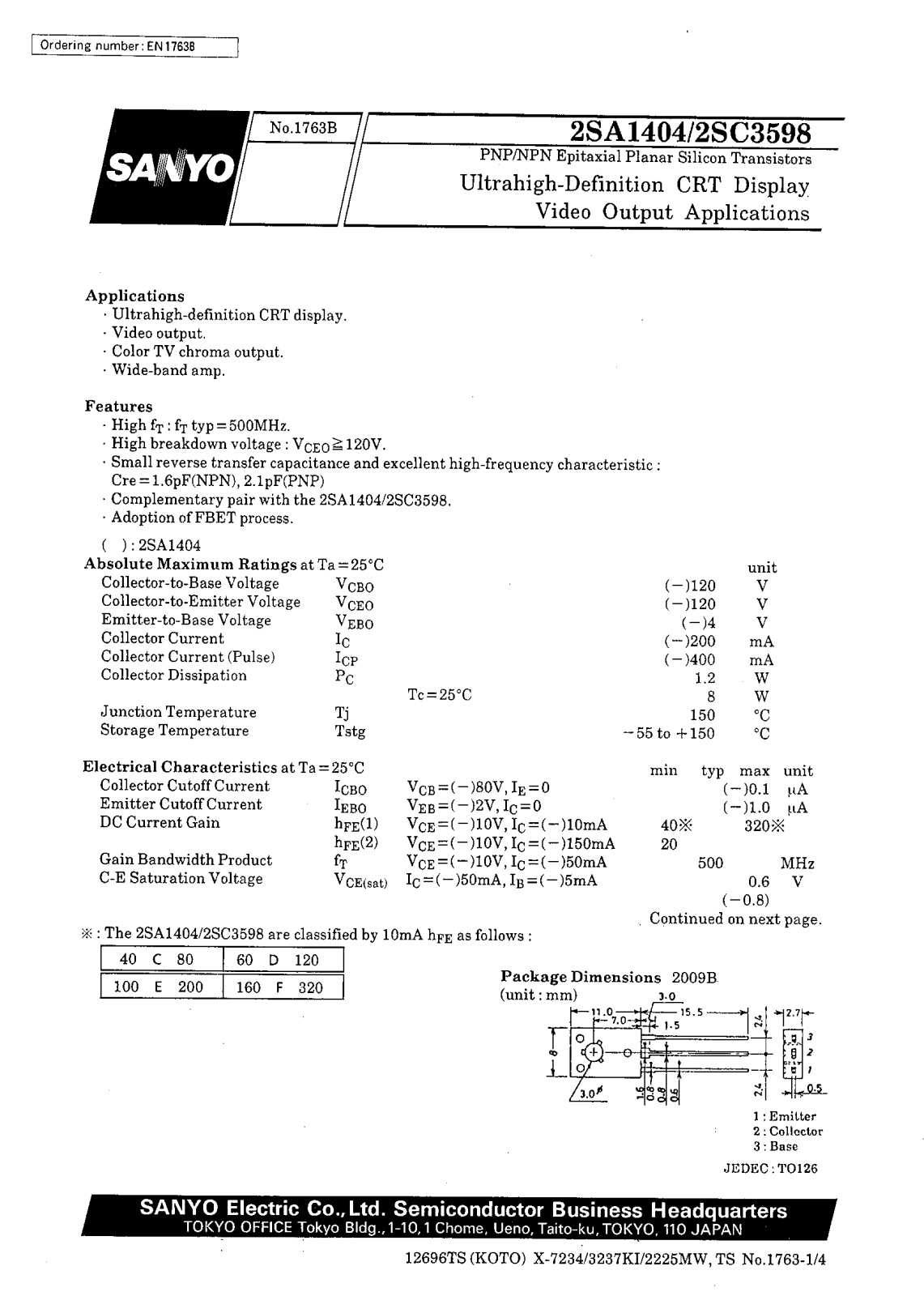 SANYO 2SC3598, 2SA1404 Datasheet