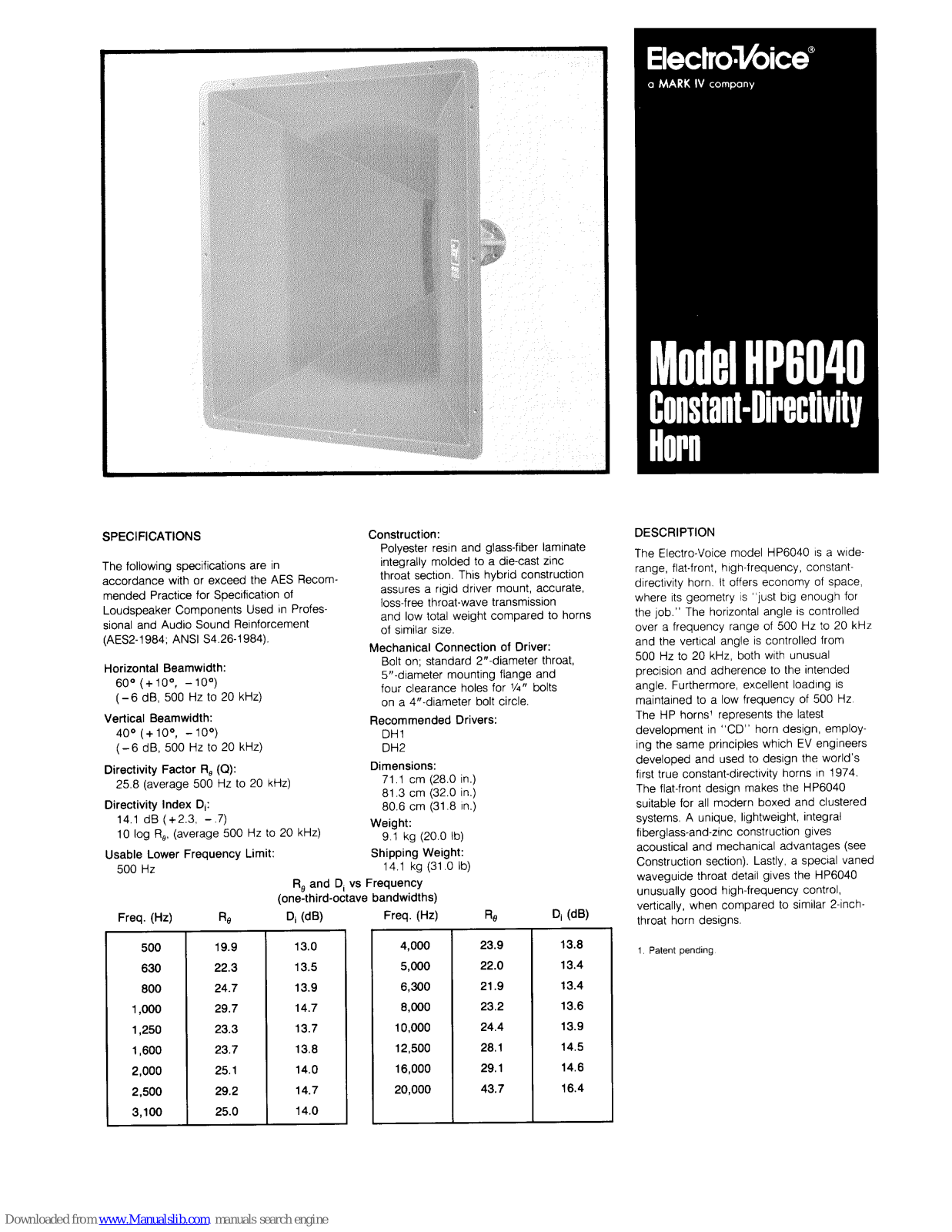 Electro-Voice Constant-Directivity Horn HP6040 Specification Sheet