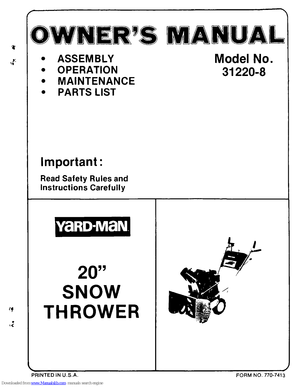 Yard-Man 31220-8 Owner's Manual