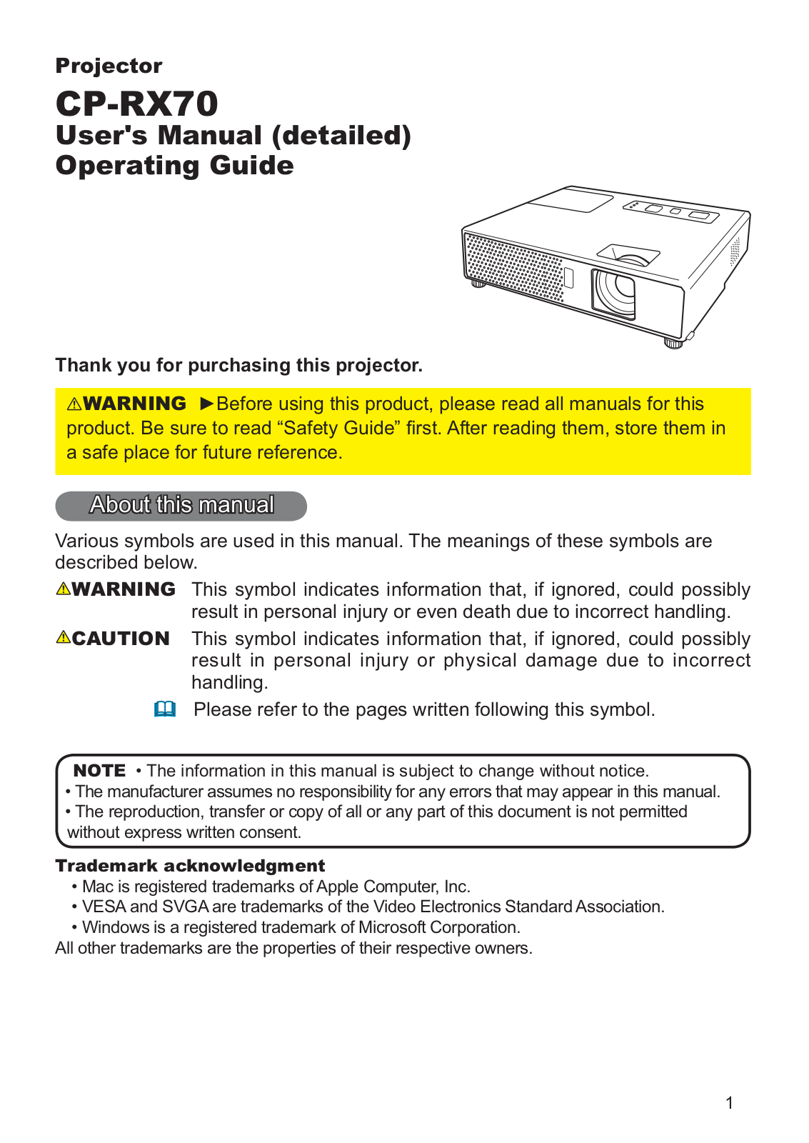 Hitachi CP-RX70 Operating Guide