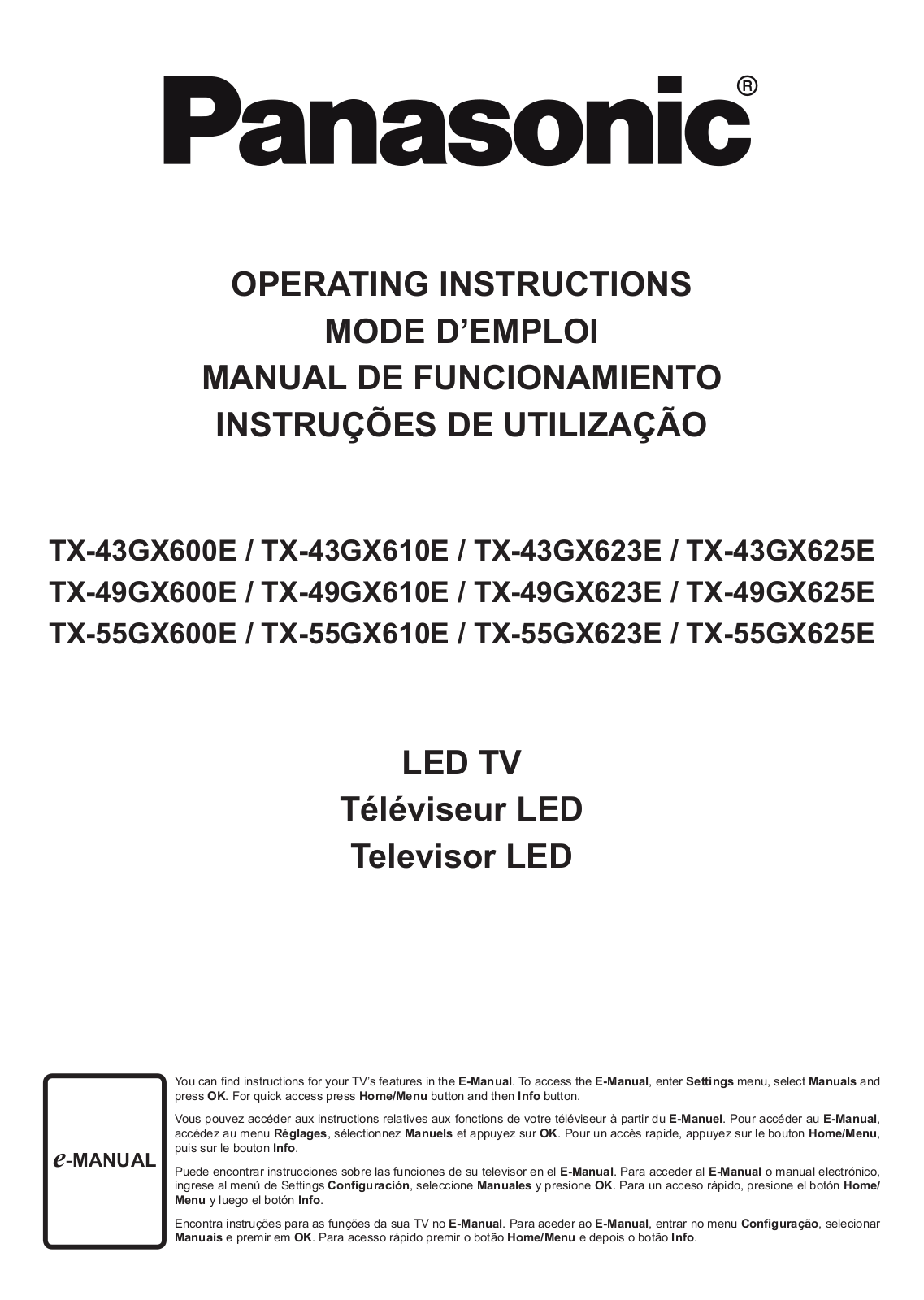 PANASONIC TX-43GX600E, TX-43GX610E, TX-43GX623E, TX-43GX625E, TX-49GX600E User Manual