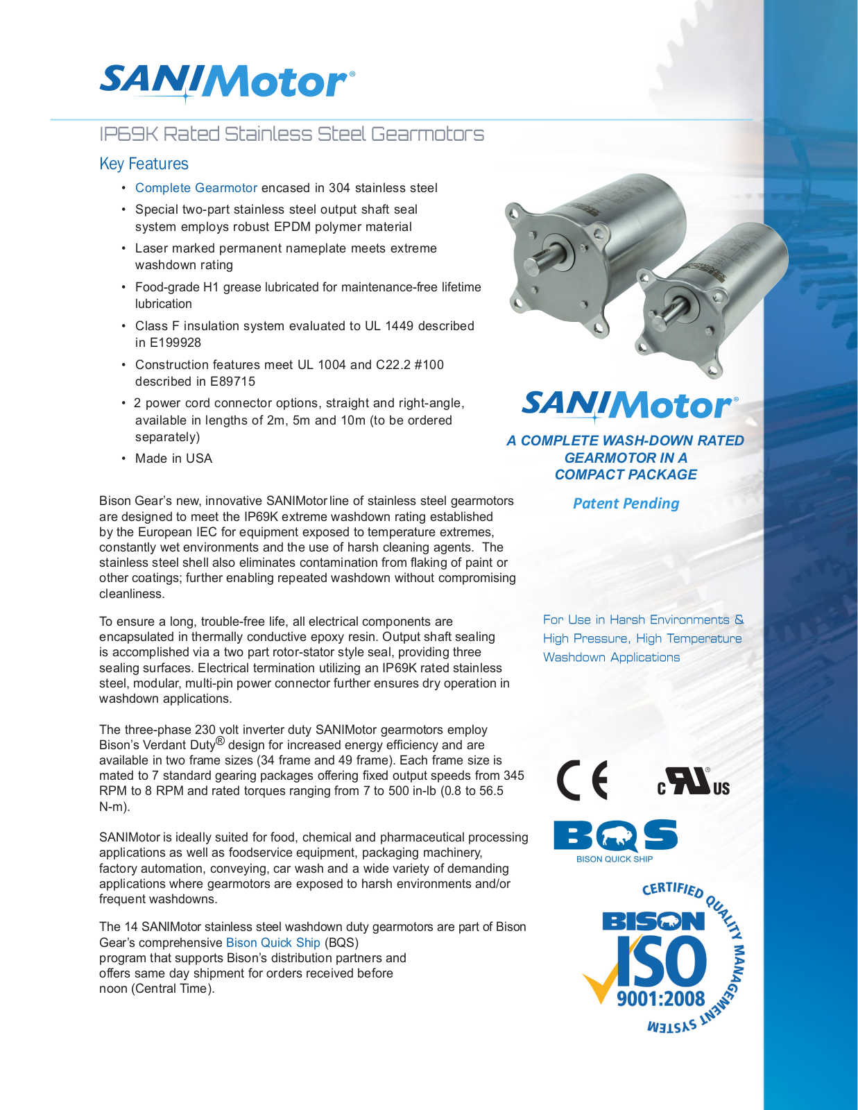 Bison Gear & Engineering IP69K Rated Stainless Steel Gearmotors Sales Brochure