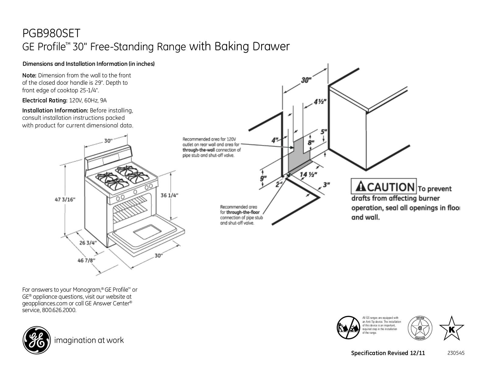 GE PGB980SET Specification