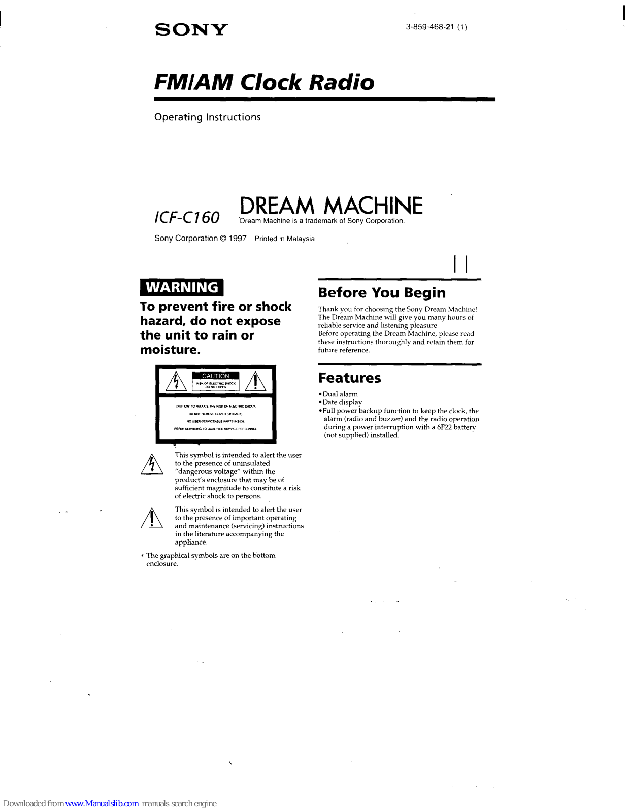 Sony Dream Machine ICF-C160 Operating Instructions Manual