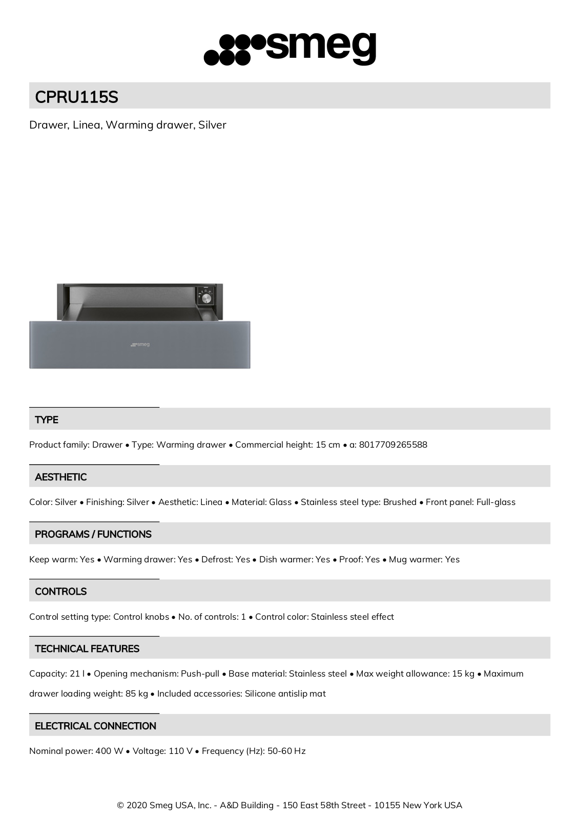 Smeg CPRU115S Product Information Sheet