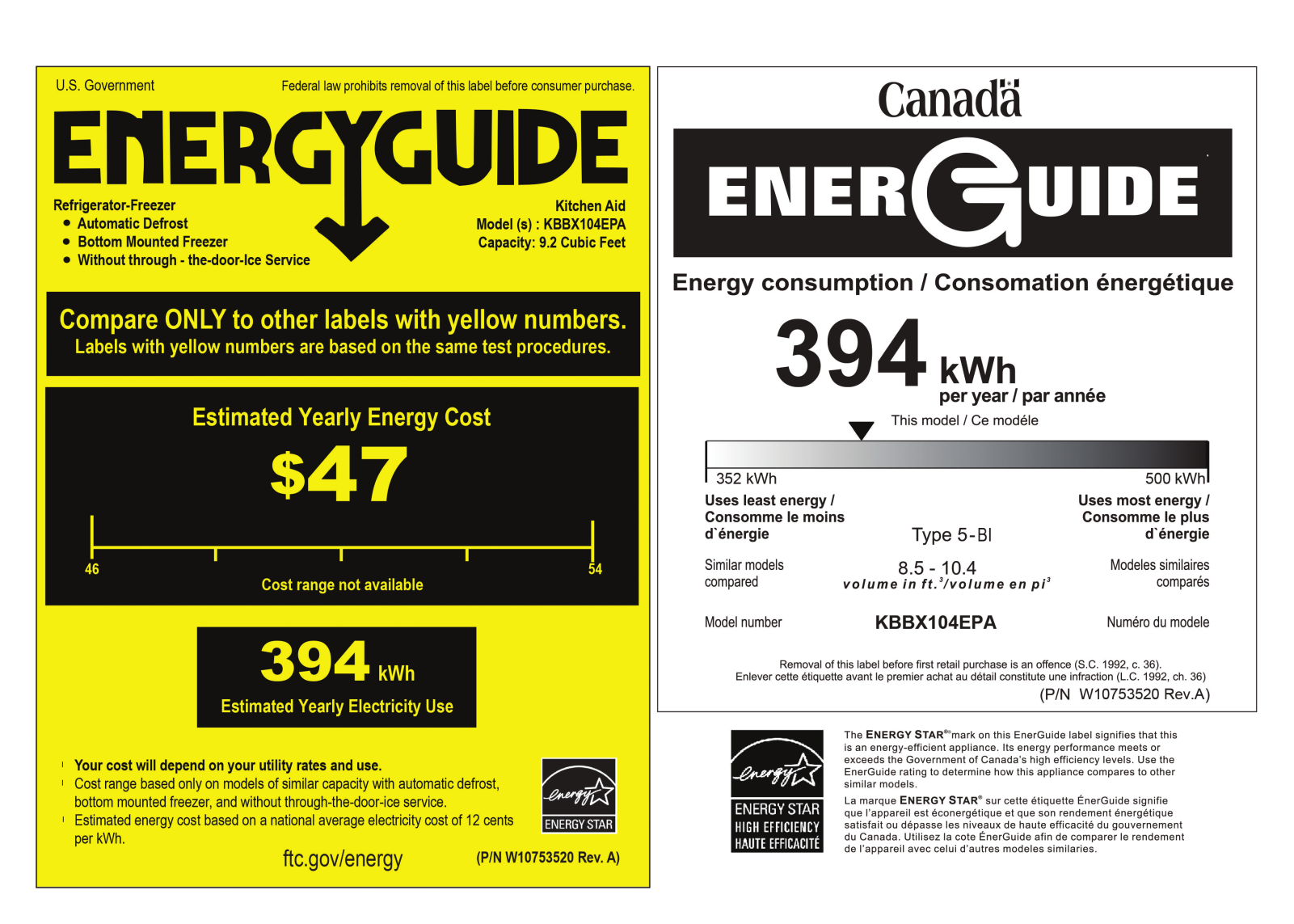 Kitchenaid KBBX104EPA Energy Guide