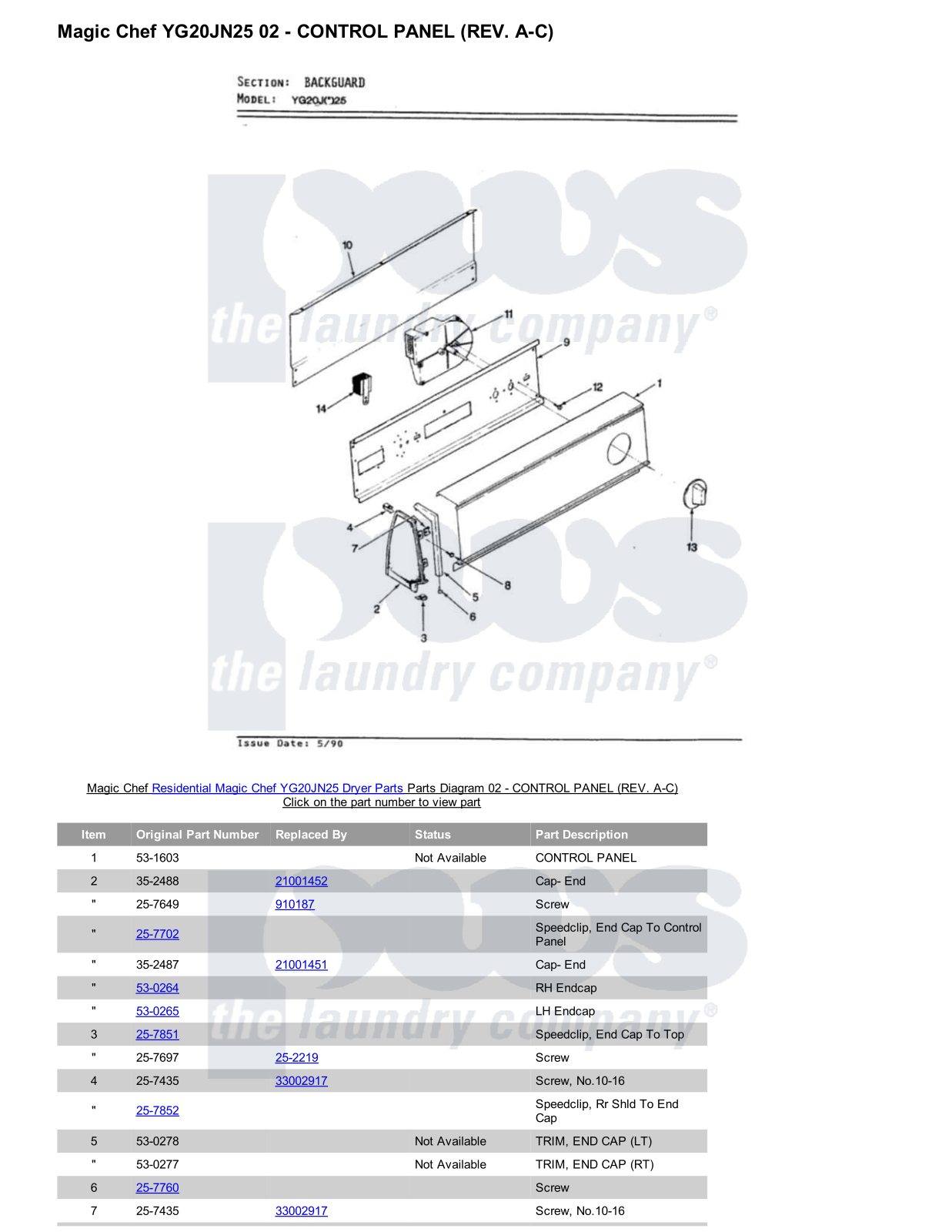 Magic Chef YG20JN25 Parts Diagram