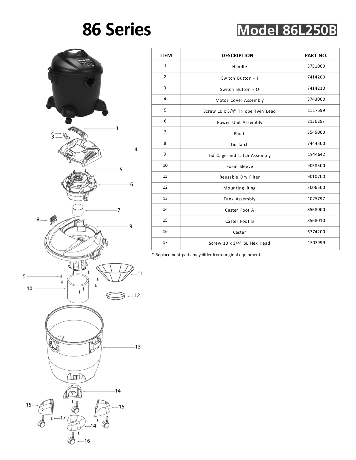 Shop Vac 86l250b Owner's Manual