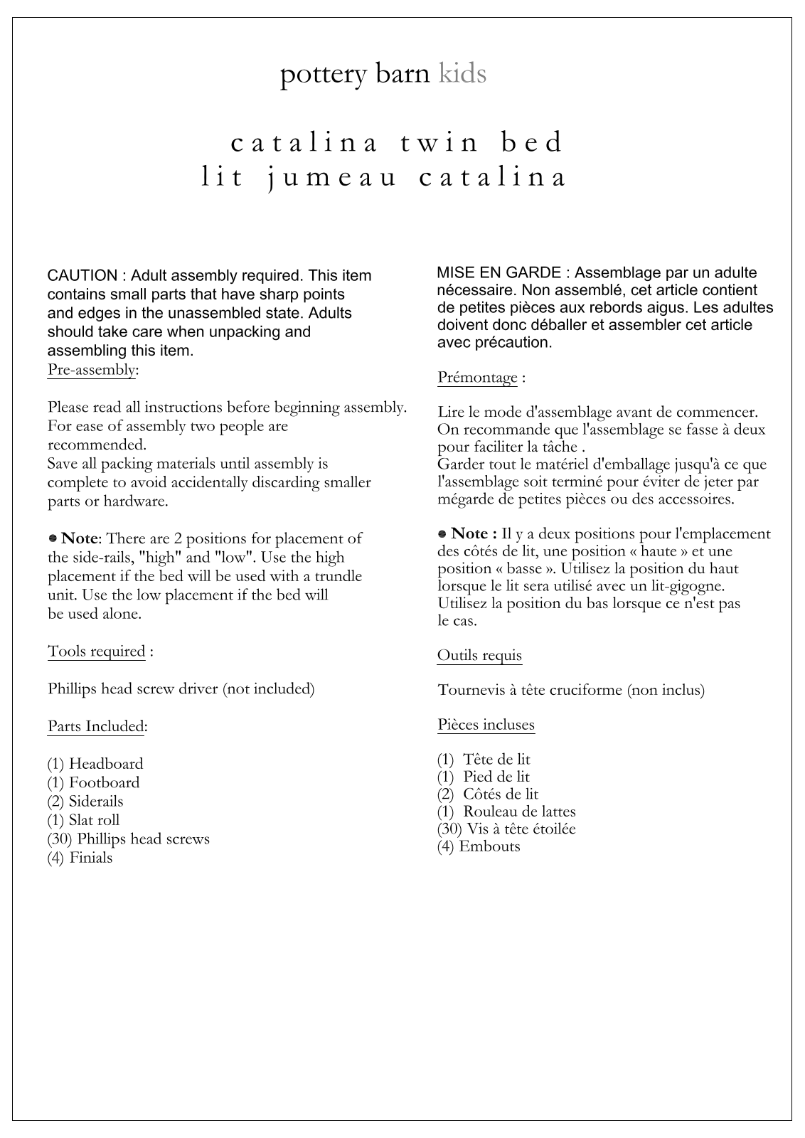 Pottery Barn Catalina Twin Bed Assembly Instruction