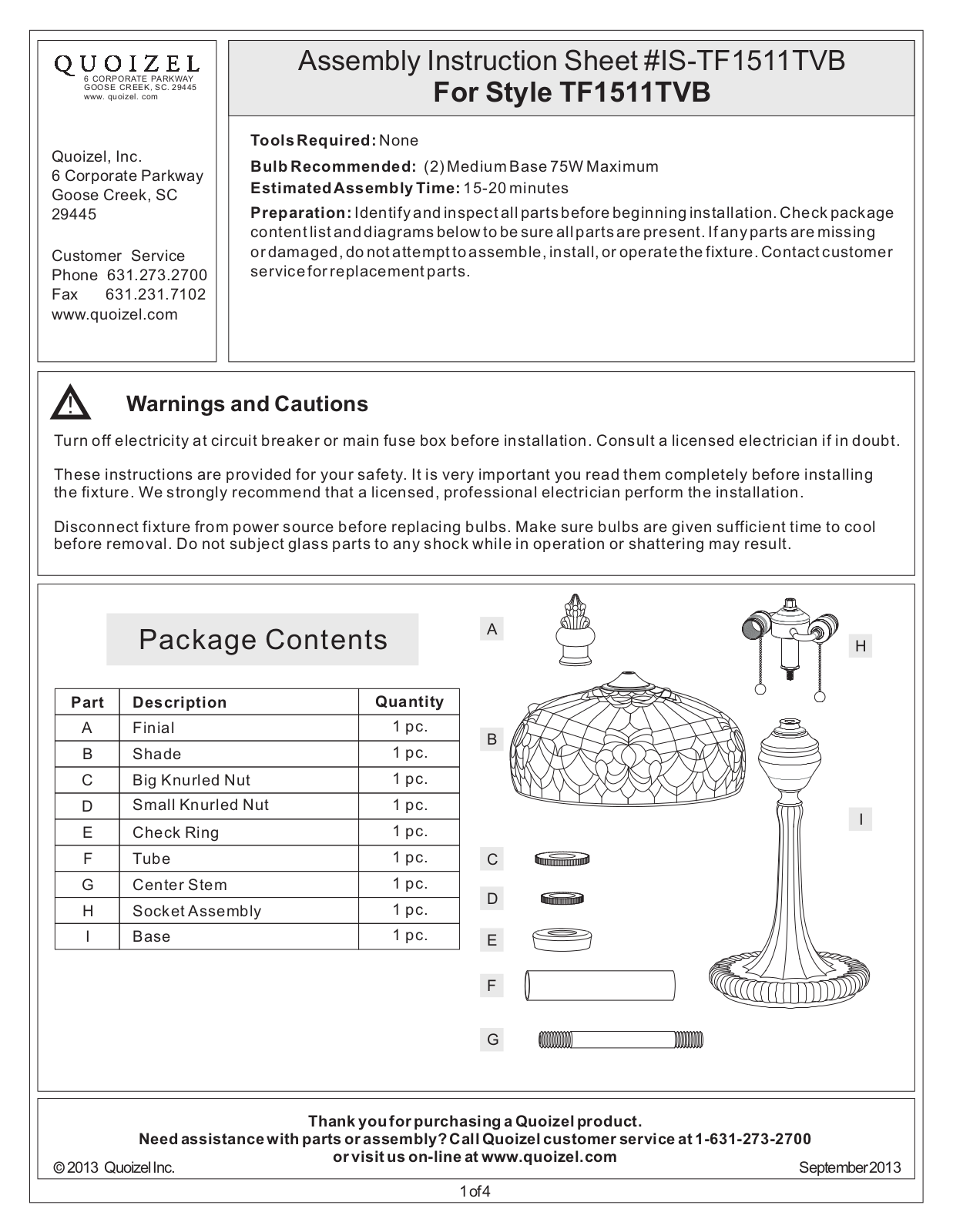 Quoizel TF1511TVB User Manual