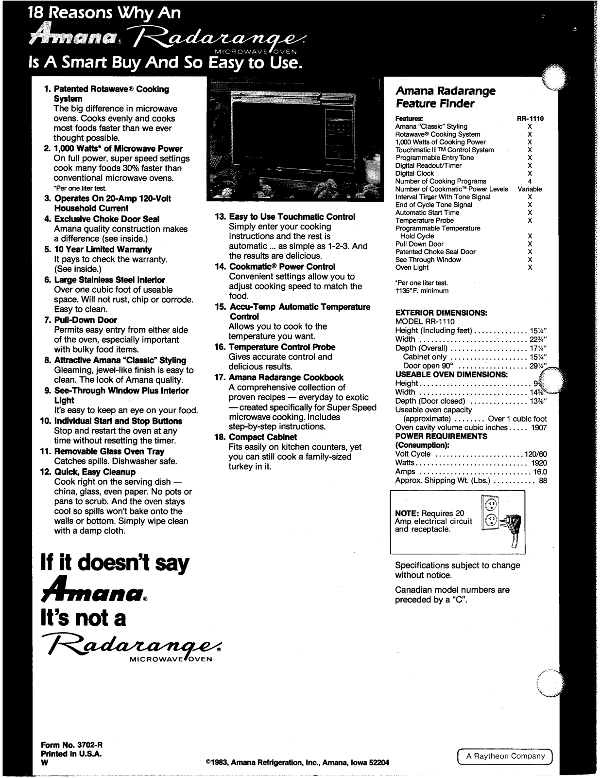 Amana RR1110 Specification Sheet