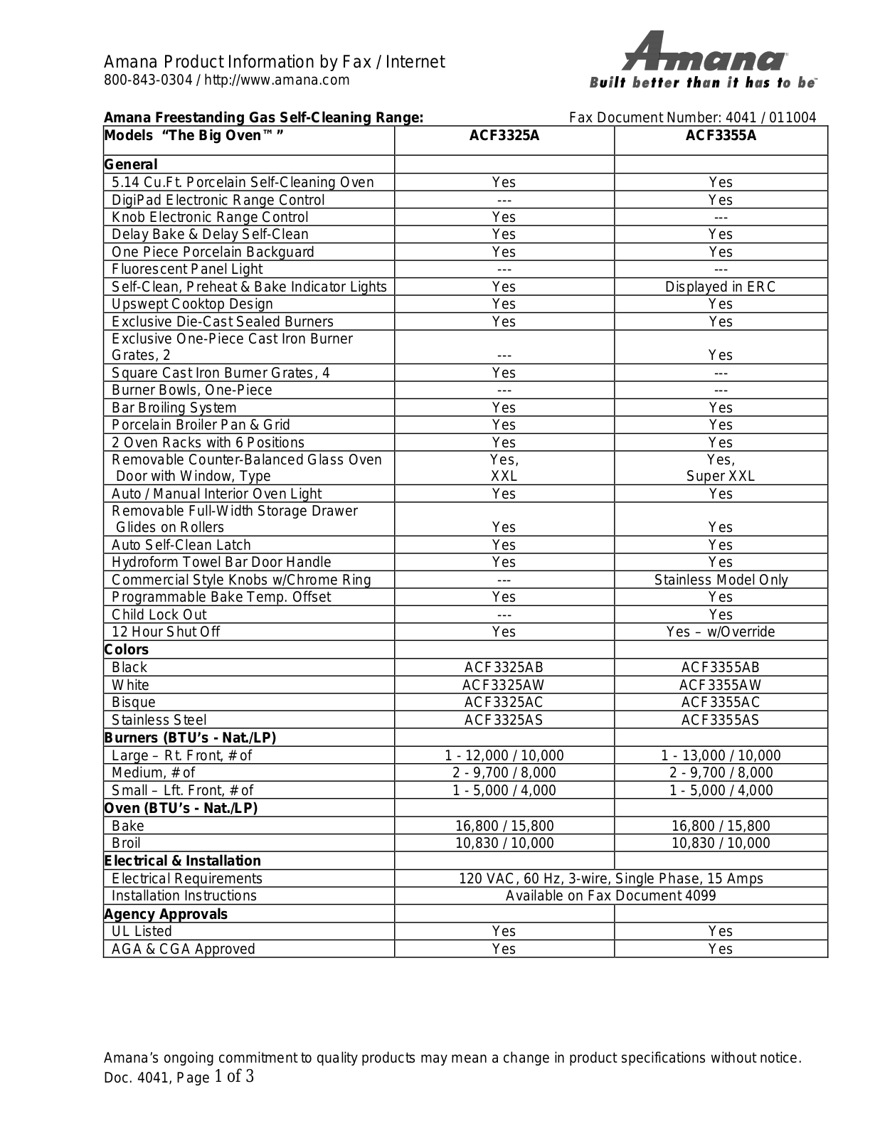 Amana ACF3325AB, ACF3325AC, ACF3325AS, ACF3325AW, ACF3355AB Specification Sheet