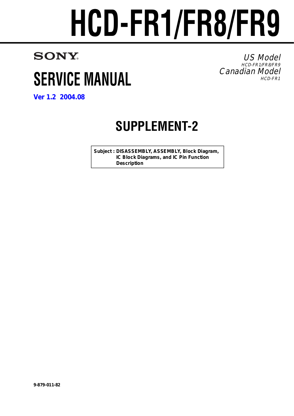 Sony HCD-FR1, HCD-FR8, HCD-FR9 Service Manual