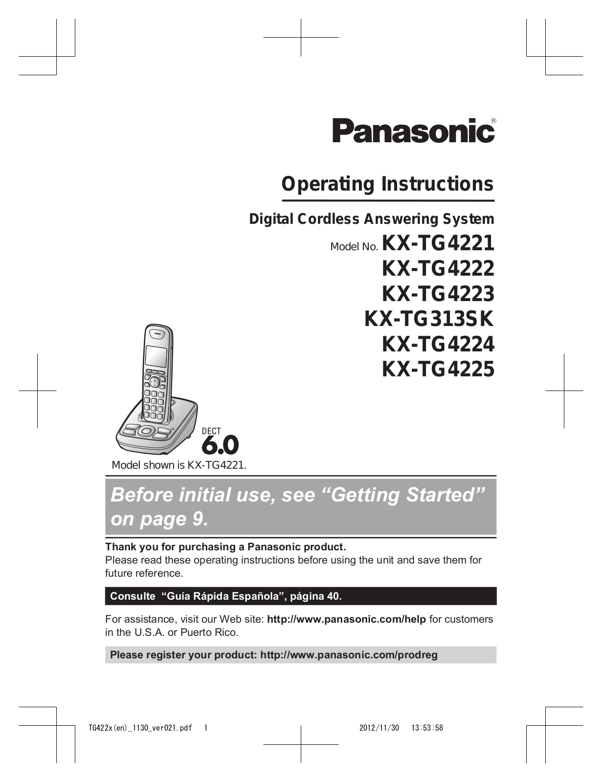 Panasonic KX-TG4222, KX-TG4225, KX-TG4223, KXTG4223N, KX-TG4221 User Manual