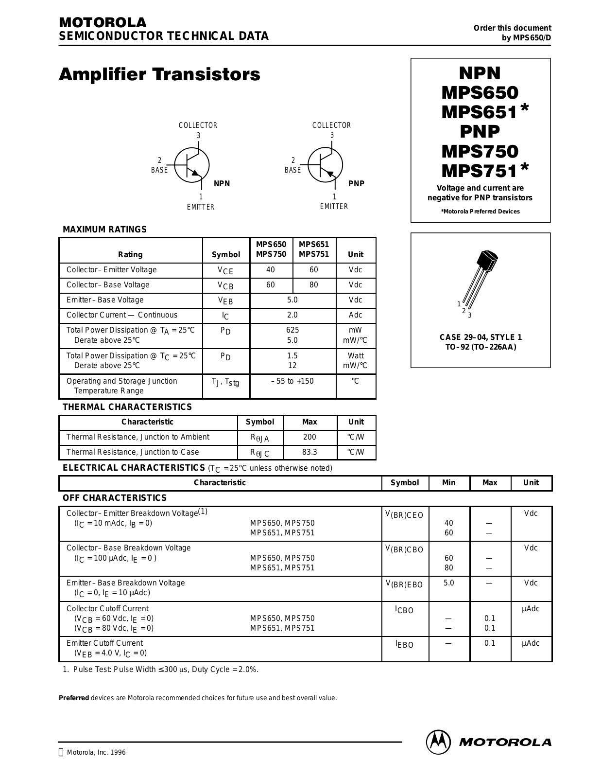 Motorola MPS750, MPS651 Datasheet