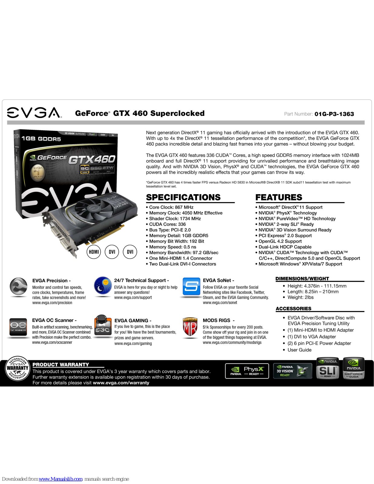 EVGA GeForce GTX 460 SuperClocked, 01G-P3-1363 Specifications - ManualMachine.com
