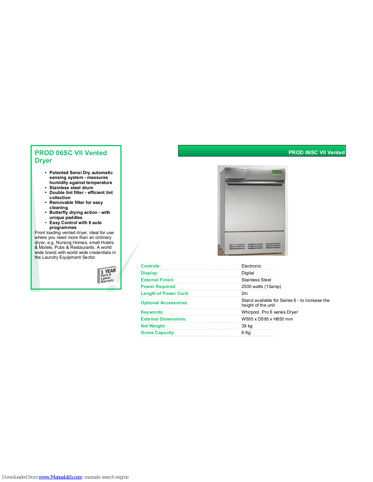 VALERA PROD 06SC VII VENTED DRYER Datasheet