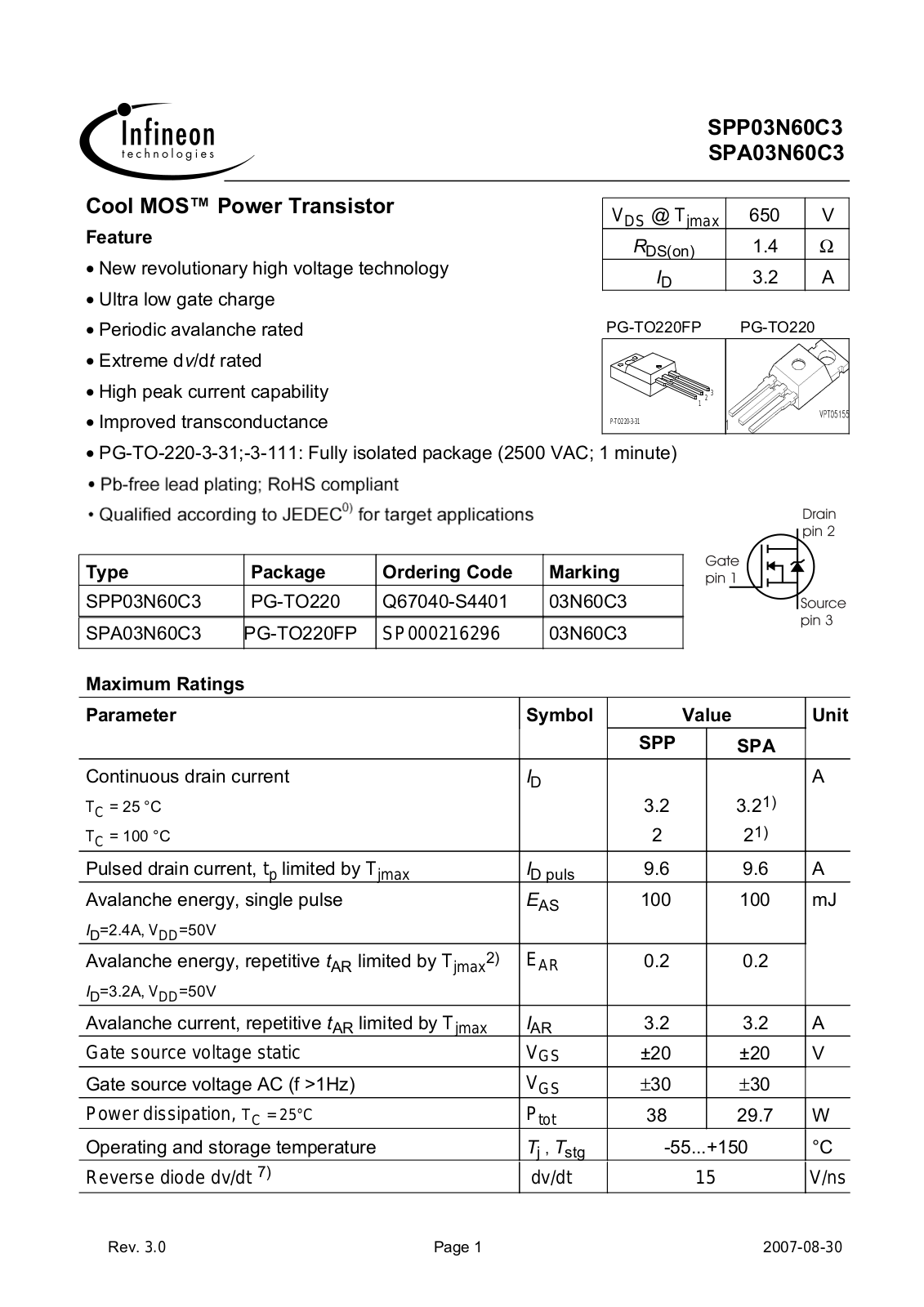 INFINEON SPP03N60C3, SPA03N60C3 User Manual