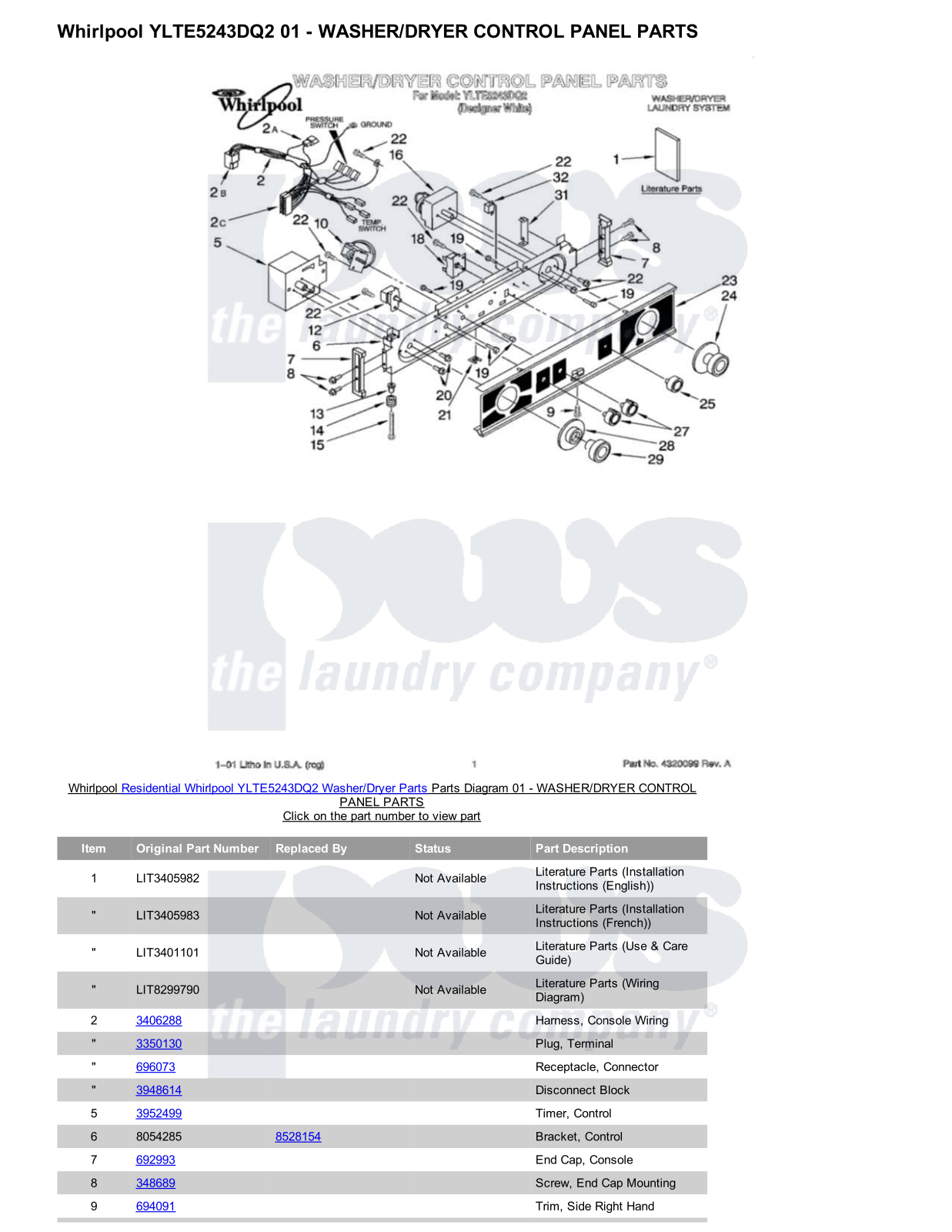 Whirlpool YLTE5243DQ2/Dryer Parts Diagram