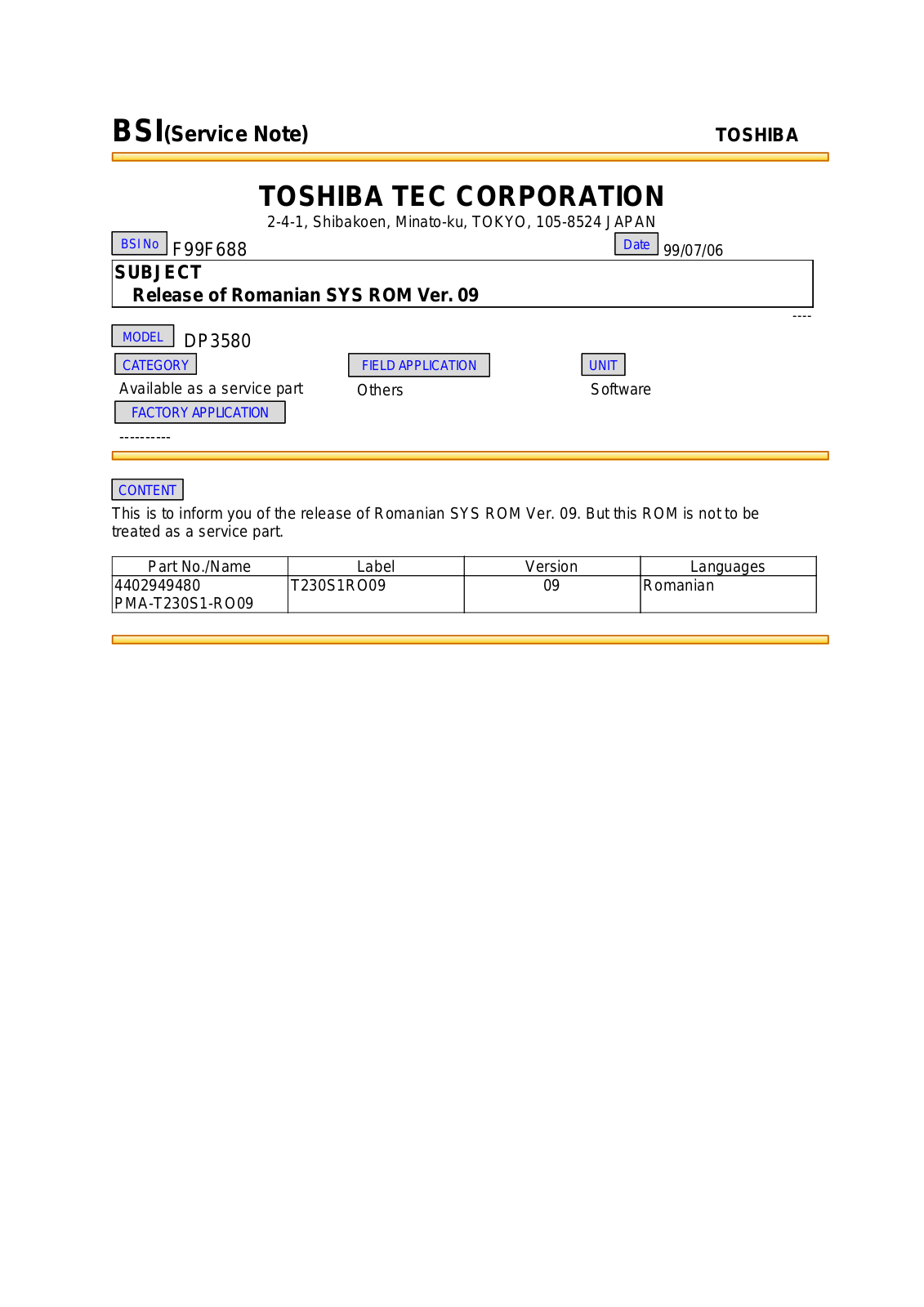 Toshiba f99f688 Service Note