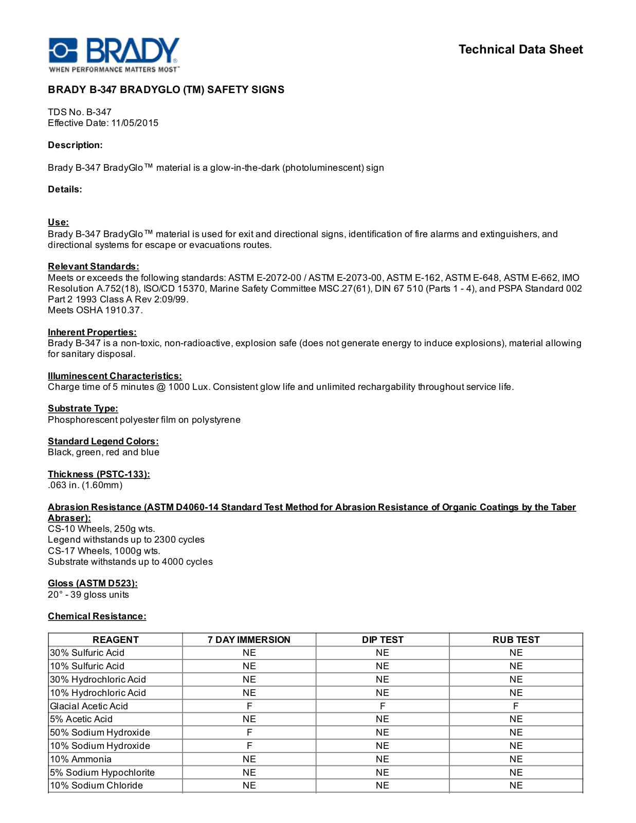 Brady B­347 Technical Data